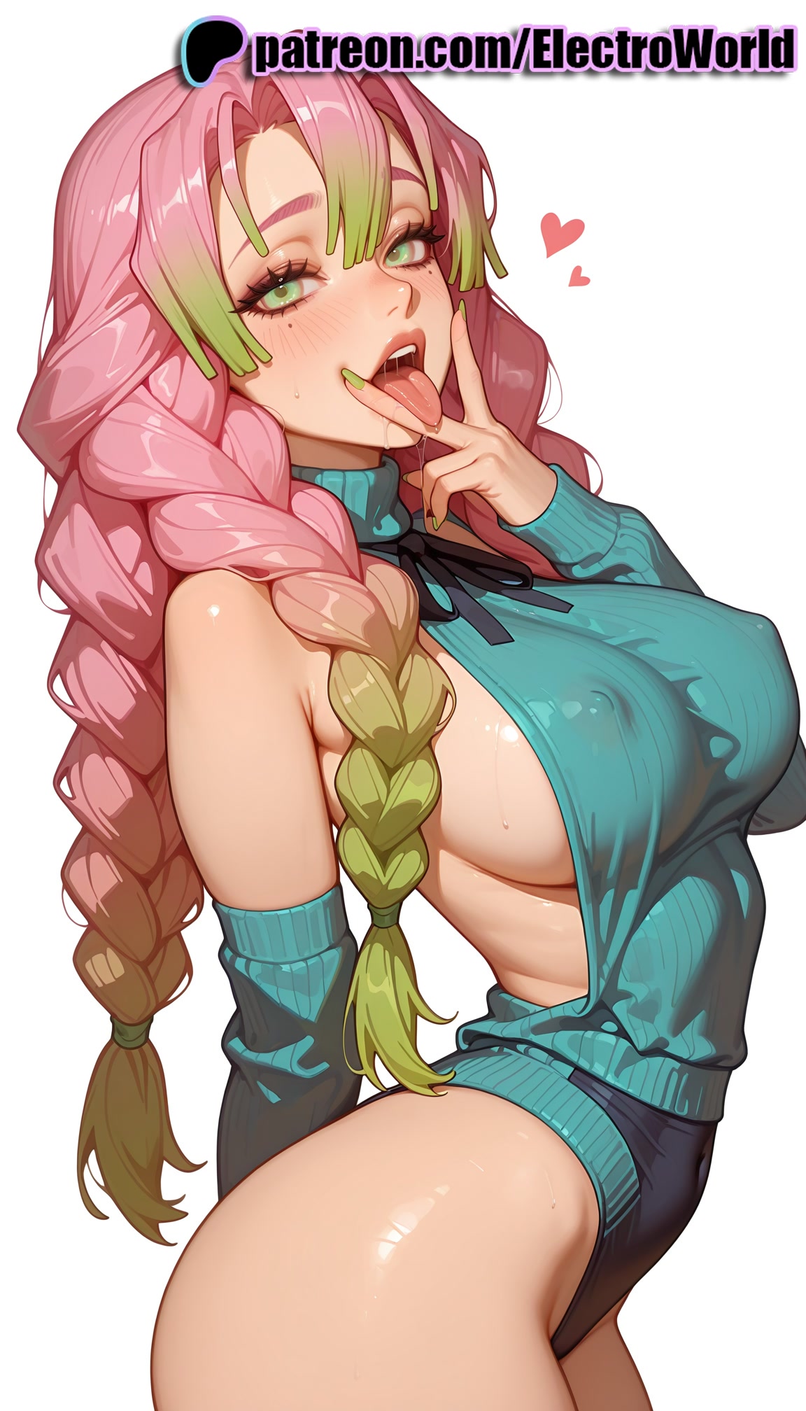 1girls, 2025, ai generated, artist name, big breasts, big chest, blush, braid, breasts, bust, busty, chest, demon slayer, electroworld, fellatio gesture, female, gradient hair, green eyes, green hair, heart, hi res, high quality, high resolution, highres, kanroji mitsuri, kimetsu no yaiba, large breasts, long hair, looking at viewer, mole, mole under eye, multicolored hair, off shoulder, open mouth, patreon, patreon username, pink hair, ribbed sweater, simple background, solo, stable diffusion, sweater, tongue, watermark, white background