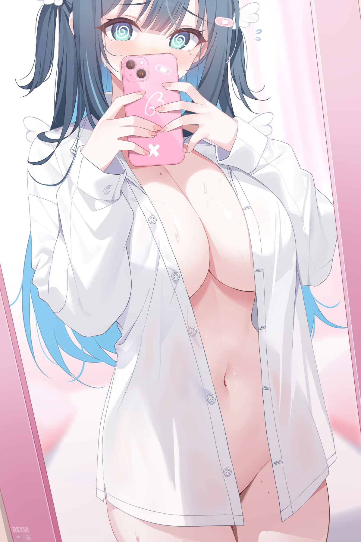 @ @, 1girls, amano nene (vtuber), amano nene (vtuber) (2.0 3d outfit), aqua eyes, belly button, blue hair, blush, breasts, cellphone, colored inner hair, covering face, deyui, dress shirt, english commentary, female, female only, fingernails, flying sweatdrops, groin, hair ornament, highres, holding, holding phone, indie virtual youtuber, indoors, large breasts, light skin, light-skinned female, long hair, long sleeves, mirror selfie, mole, mole on breast, mole on thigh, multicolored hair, naked shirt, navel, no bra, open clothes, open shirt, phone, phone over face, see-through silhouette, selfie, shirt, smartphone, solo, two side up, unbuttoned, veiny breasts, virtual youtuber, wing hair ornament