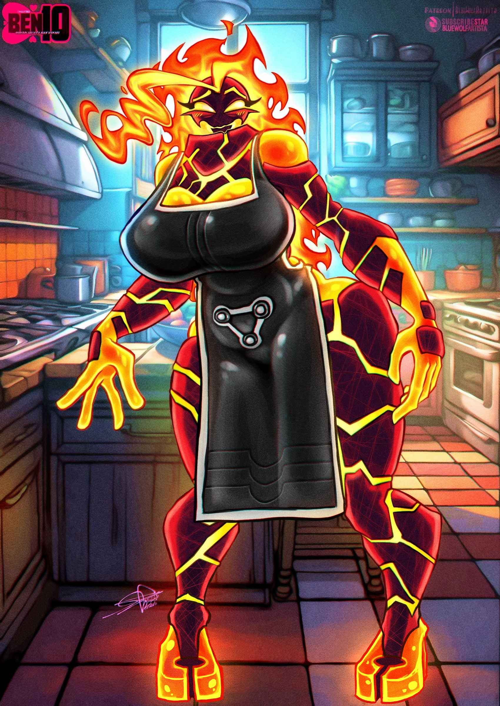 alien, alien female, alien girl, apron, apron only, ben 10, big breasts, bluewolfartista, breasts, cartoon network, chaquetrix, female, female only, fire, heatblast, huge breasts, mature female, milf, milftrix, no human, pyronite, sexy, thick thighs, thighhighs, thighs, wide hips