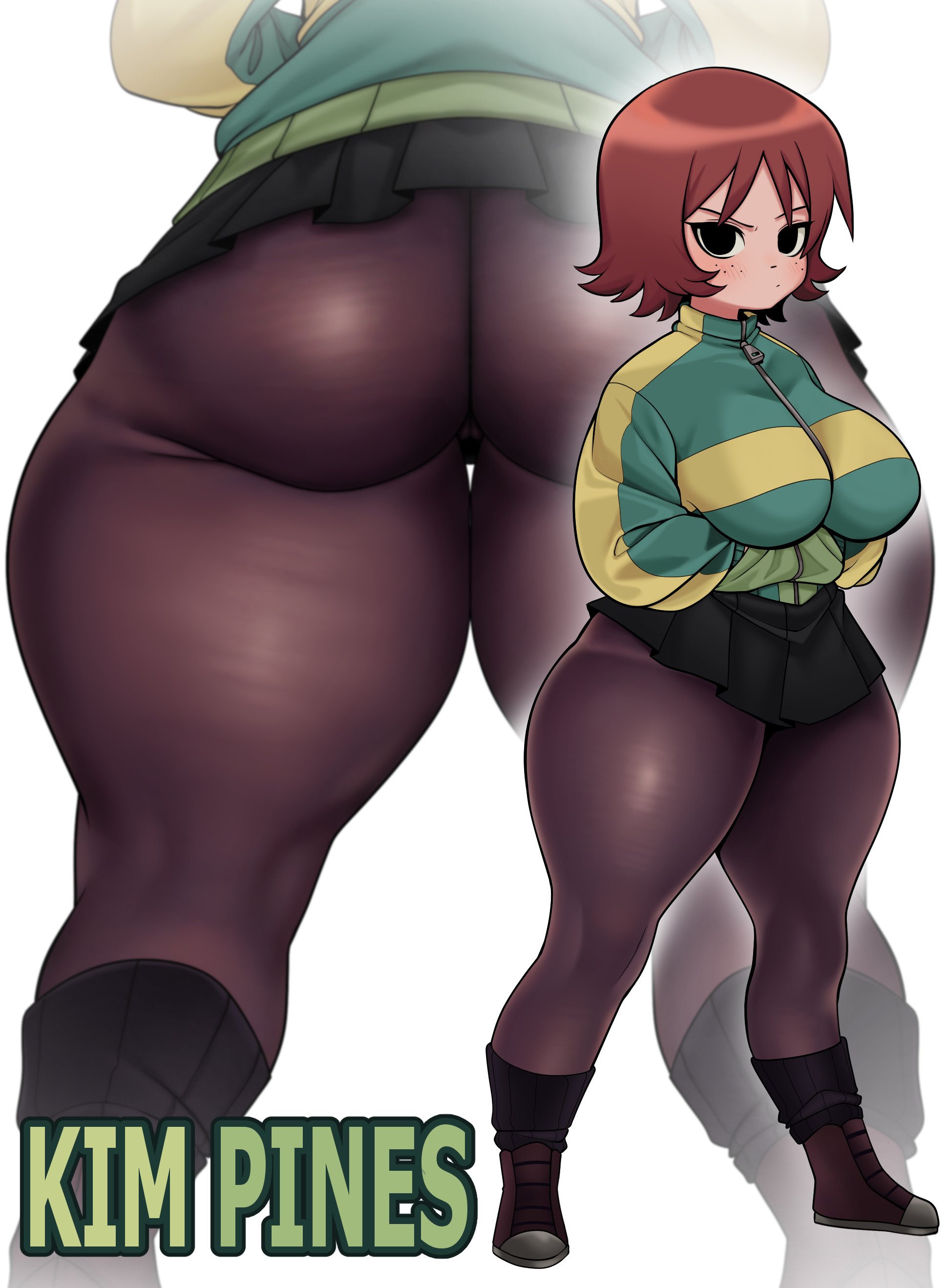 1girls, 2d, ass, big ass, big breasts, boots, breasts, bubble butt, clothed, clothed female, clothing, color, fat ass, female, female only, freckles, gluteal fold, huge ass, jacket, kim pine, large ass, leggings, looking at viewer, miniskirt, niucniuc, no panties, red hair, red head, scott pilgrim, short hair, skirt, solo, thick ass, thick thighs, wide hips