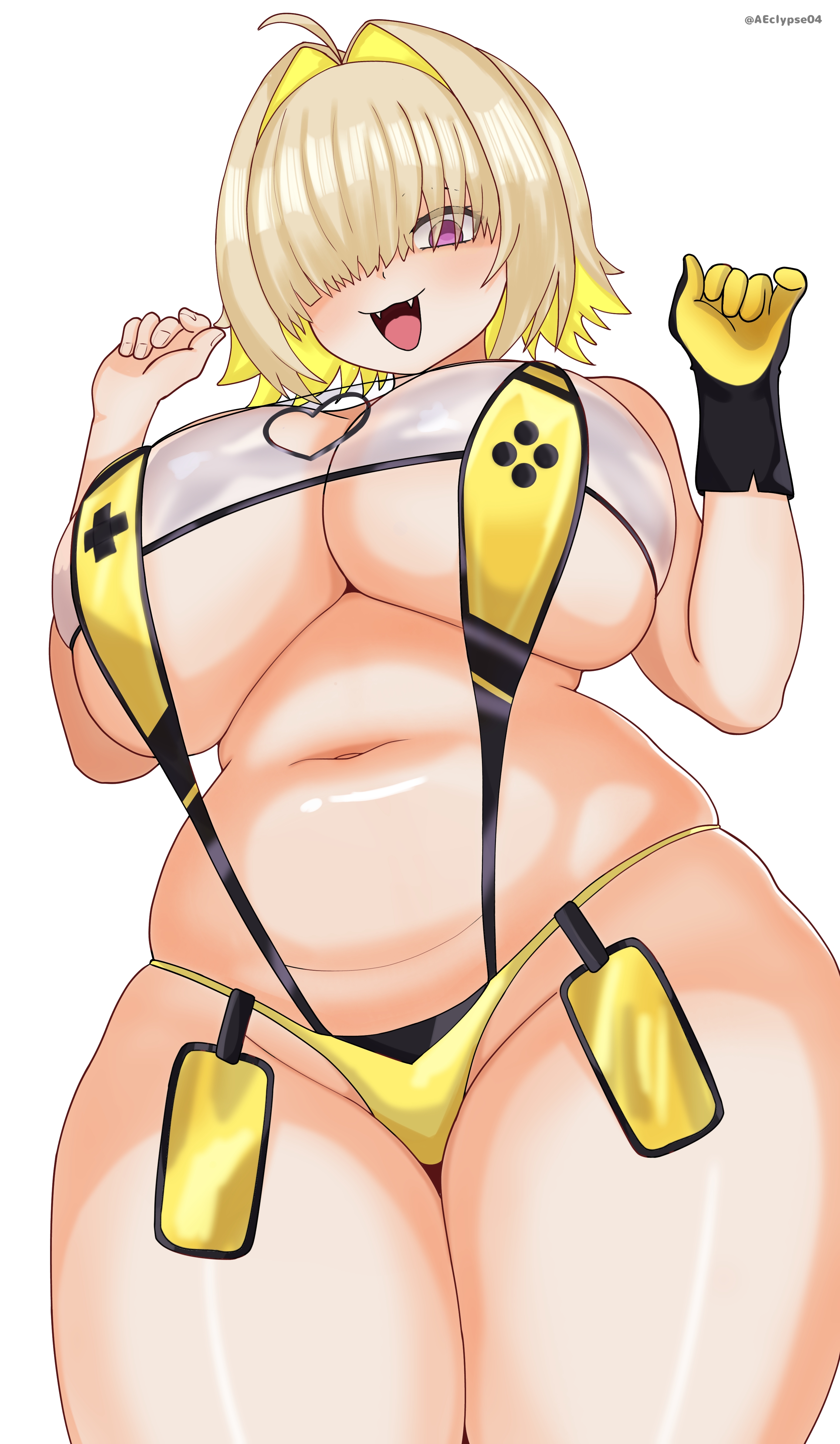 1girls, big breasts, bikini, blonde hair, breasts, cleavage, eclypse, elegg (boom and shock) (nikke), elegg (nikke), female, female only, gloves, goddess of victory: nikke, hair, hair over one eye, handwear, hips, huge breasts, official alternate costume, purple eyes, revealing clothes, short hair, skimpy, skimpy bikini, sling bikini, smile, solo, solo female, thick thighs, thighs, wide hips, yellow sling bikini