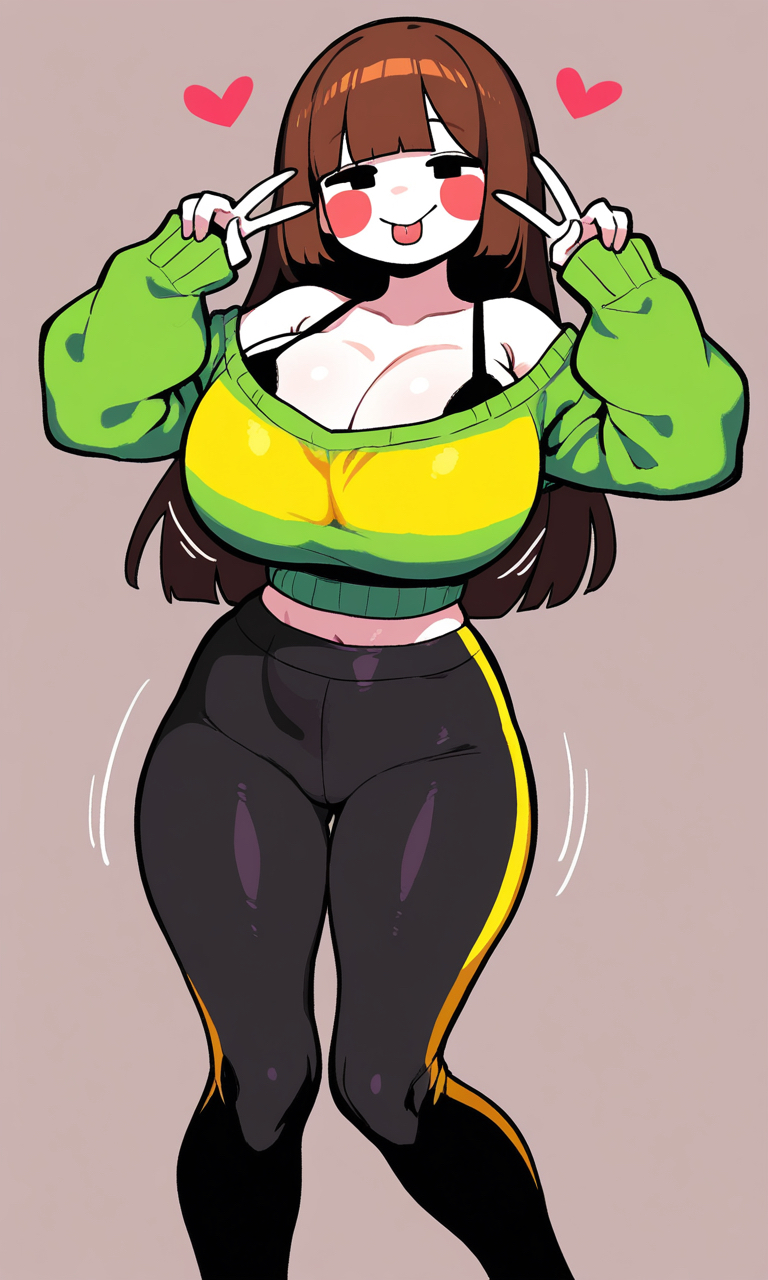 ai generated, bra strap, breasts, chara, crop top, double peace sign, female, giant breasts, heart, long hair, midriff, off shoulder, off shoulder sweater, sticking out tongue, thick, undertale, yoga pants