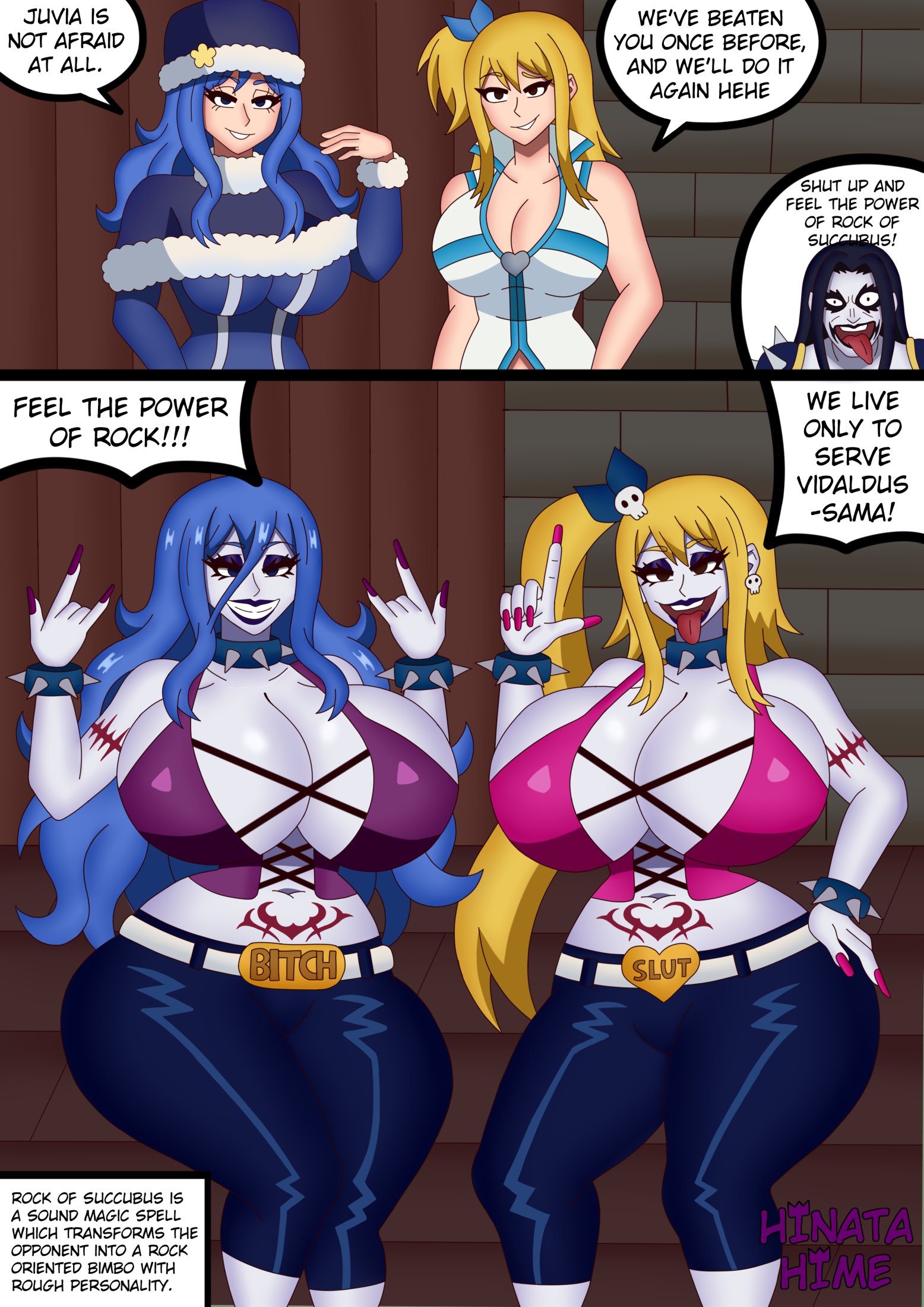 1boy, 2girls, after transformation, before and after, before transformation, belt, belt buckle, big breasts, bimbo, bimbo body, bimbofication, bimbofied, black eyes, black hair, black lips, black lipstick, black pants, blonde hair, blue dress, blue eyeshadow, blue hair, blue hair ribbon, blue hat, breast expansion, cleavage, clothed, clothed female, clothed male, clothing, dress, earrings, english, english text, eyeshadow, face makeup, fairy tail, female, hair ribbon, hand on hip, hand on own hip, hat, hinata-hime, huge breasts, implied breast expansion, implied transformation, instant loss, instant loss 2koma, juvia lockser, light skin, light skinned female, light-skinned female, lipstick, long hair, long nails, long ponytail, lucy heartfilia, makeup, male, midriff, nail polish, pale skin, pale skinned female, pale skinned male, pale-skinned female, pale-skinned male, pants, personality change, pink nail polish, pink nails, pink topwear, post transformation, post-transformation, pubic tattoo, purple eyeshadow, purple lips, purple lipstick, purple nail polish, purple nails, purple topwear, rock of succubus, short side ponytail, side ponytail, skull earrings, skull hair ornament, speech bubble, spiked bracelet, spiked collar, tattoo, tattoo on arm, text, text box, text bubble, text on belt, thick thighs, tongue, tongue out, transformation, vidaldus taka, voluptuous, voluptuous female, white belt, white skin, white skinned female, white skinned male, white-skinned female, white-skinned male, wide hips