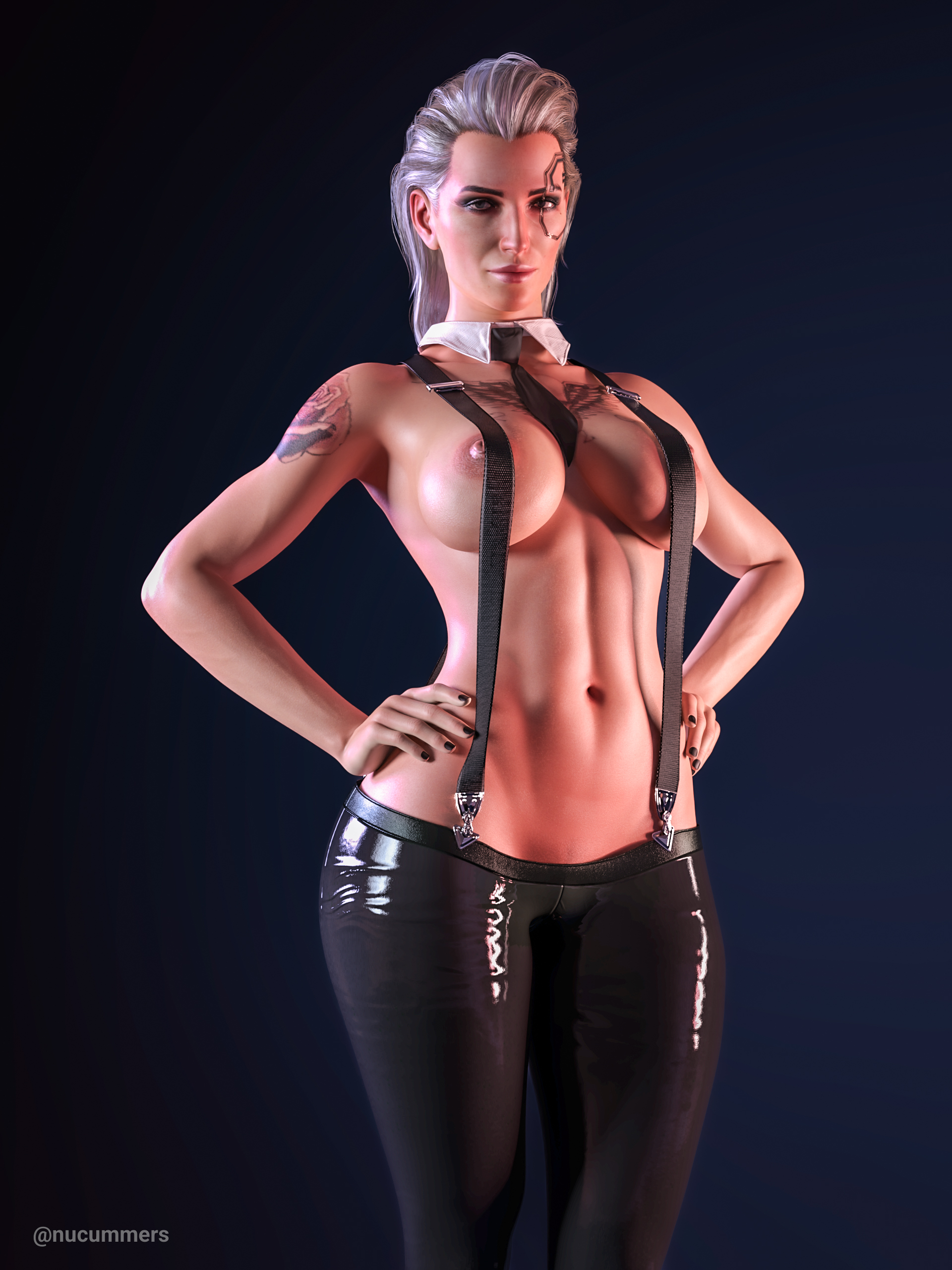 1girls, 3d, big breasts, blonde hair, bolt on tits, breast implants, breasts, cd projekt red, cyberpunk 2077, enhanced breasts, fake breasts, female, female only, meredith stout, nipples, nucummers, silicone, silicone implants, solo, suspenders, tie