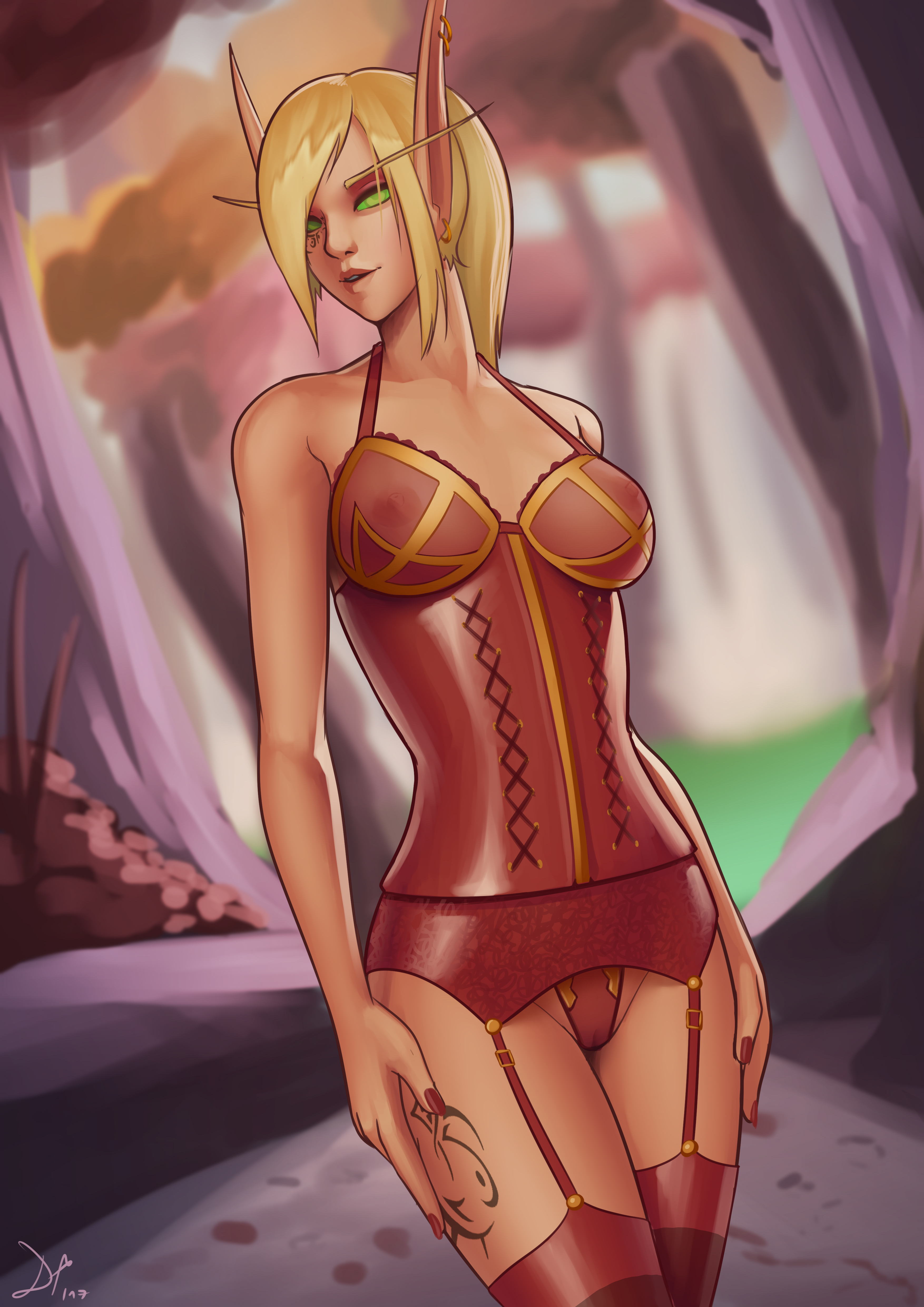 1girls, absurd res, alori, blizzard entertainment, blonde hair, blood elf, bra, breasts, bustier, clothing, corset, deilan12, elf, female, g-string, garter belt, green eyes, lingerie, medium breasts, nipples, nipples visible through clothing, panties, ponytail, pussy, red lingerie, red stockings, solo, stockings, suspenders, tattoos, world of warcraft
