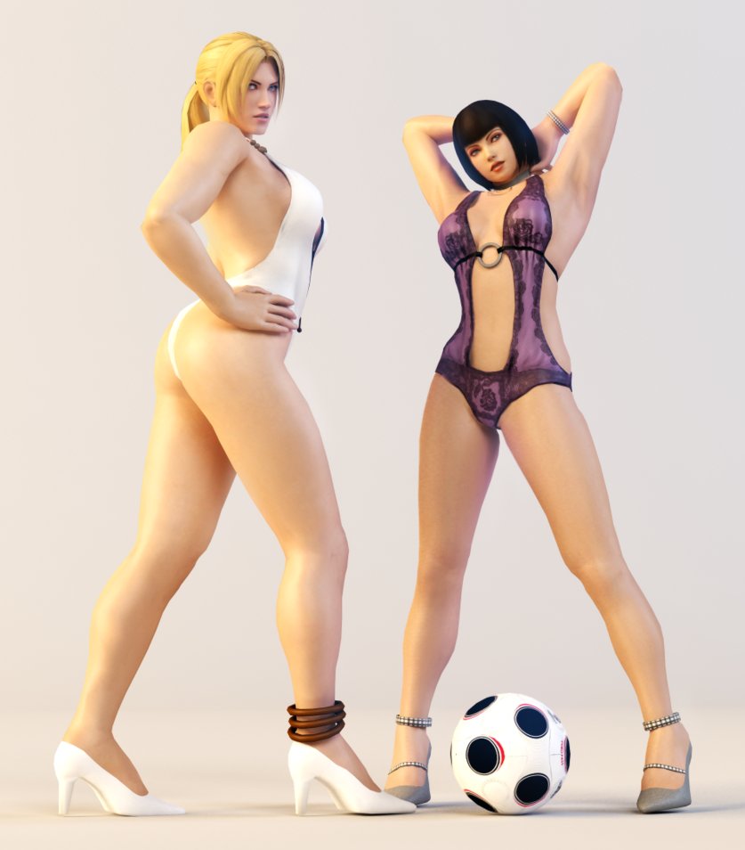 2girls 3d ankle_bracelet anna_williams ass ball bare_arms bare_shoulders bikini blonde_hair blue_eyes bracelet breasts brown_eyes curvy female female_only grey_background heels hips jewelry legs multiple_girls nina_williams ponytail pose short_hair soccer_ball stomach swimsuit tekken tekken_5 tekken_6 thick_thighs thighs tied_hair wide_hips