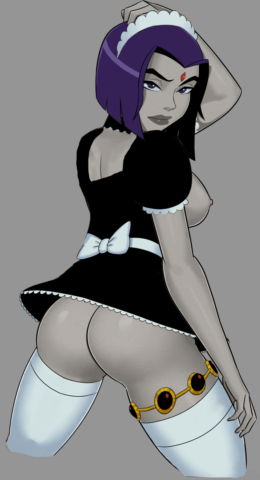 1girls, alternate breast size, ass, back view, big breasts, breasts, breasts out, dc, dc comics, female, female focus, female only, hand in hair, large breasts, looking at viewer, maid, maid uniform, nipples, pose, posing, purple eyes, purple hair, rachel roth, raven (dc), short hair, skirt up, solo, sunsetriders7, tagme, teen titans, thick thighs, thigh strap, thighhighs, thighs