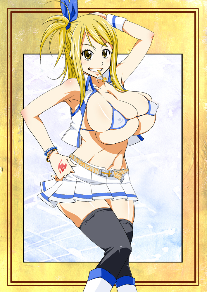 1girls, abs, bikini, blonde hair, boots, breasts, busty, erect nipples, fairy tail, female, huge breasts, key, lucy heartfilia, nipples, sideboob, skirt, sunahara wataru, thighhighs, underboob, yellow eyes