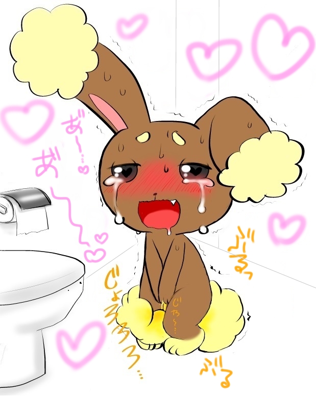 2013 ambiguous_gender anthro blush buneary crying furry heart japanese_text lagomorph mammal nintendo omorashi peeing pokémon_(species) pokemon seiya_mesu solo tears text translated urine video_games