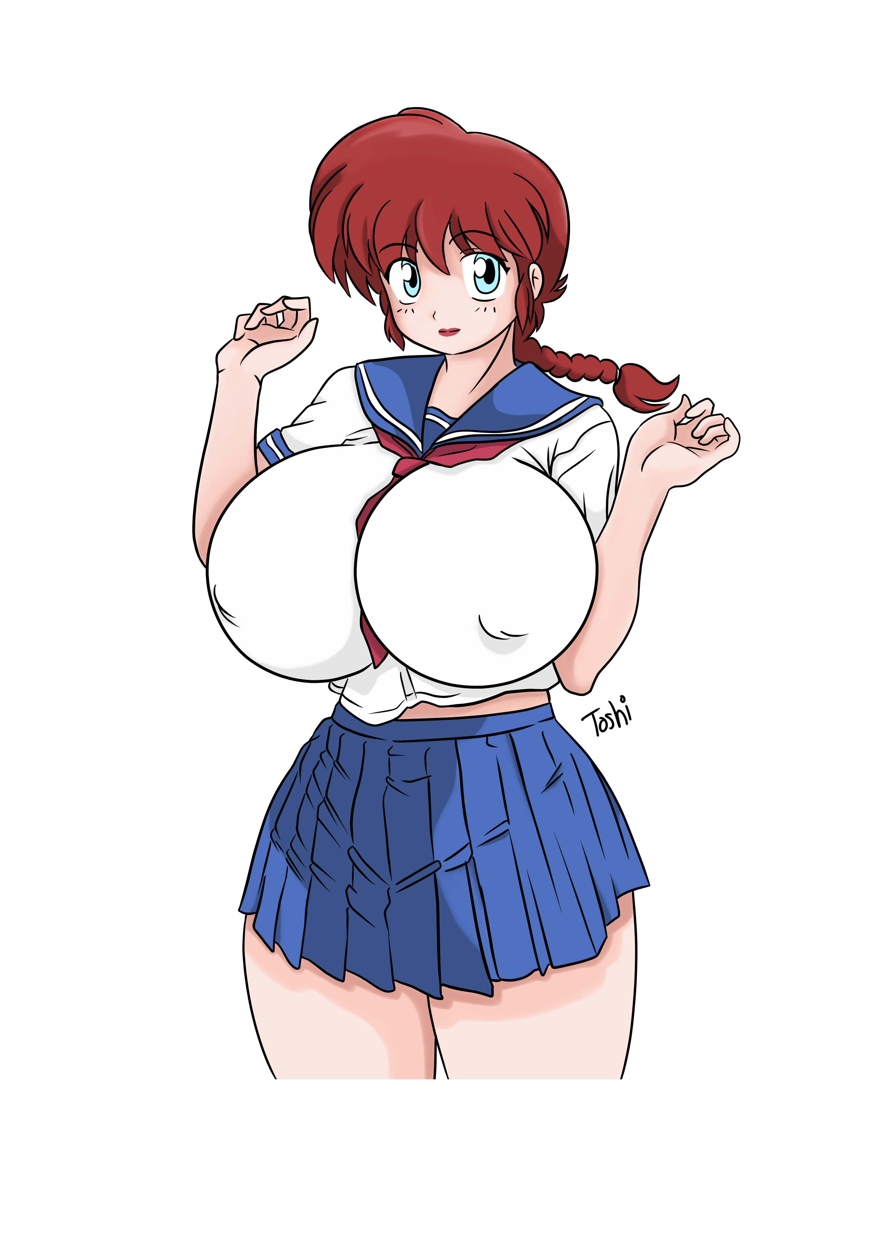 1girls, big breasts, bimbo, blue eyes, breasts, clothing, curvy, erect nipples, erect nipples under clothes, female, female only, hourglass figure, huge breasts, large breasts, lipstick, long hair, looking at viewer, necktie between breasts, nipples, ranma 1/2, ranma saotome, ranma-chan, red hair, rule 63, school uniform, serafuku, skirt, solo, thick thighs, tight clothing, toshiso, voluptuous, wide hips