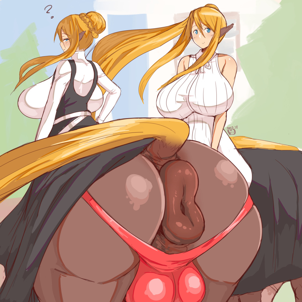 ?, 2018, 2futas, animal genitalia on humanoid, anus, anus peek, ass, balls, big anus, big breasts, blonde hair, blue eyes, breasts, brown fur, bubble ass, bubble butt, centaur, centorea shianus, centorea's mother, cleavage, clothed, dickgirl, exposed anus, furry, futa only, futanari, gaikiken, half-closed eyes, horse anus on humanoid, huge ass, huge breasts, intersex, intersex only, large breasts, long hair, looking at viewer, looking back, monster musume no iru nichijou, panties, pink panties, ponut, ponytail, puffy anus, rear view, shirt, skirt, tail, taur, testicles, wardrobe malfunction, wide hips