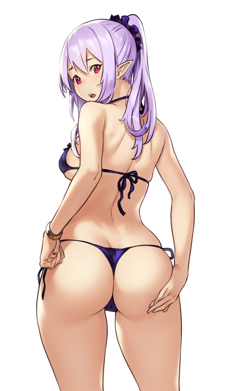 ass, bikini, breasts, cleavage, elf, female, female only, houtengeki, looking at viewer, looking back, pointy ears, solo