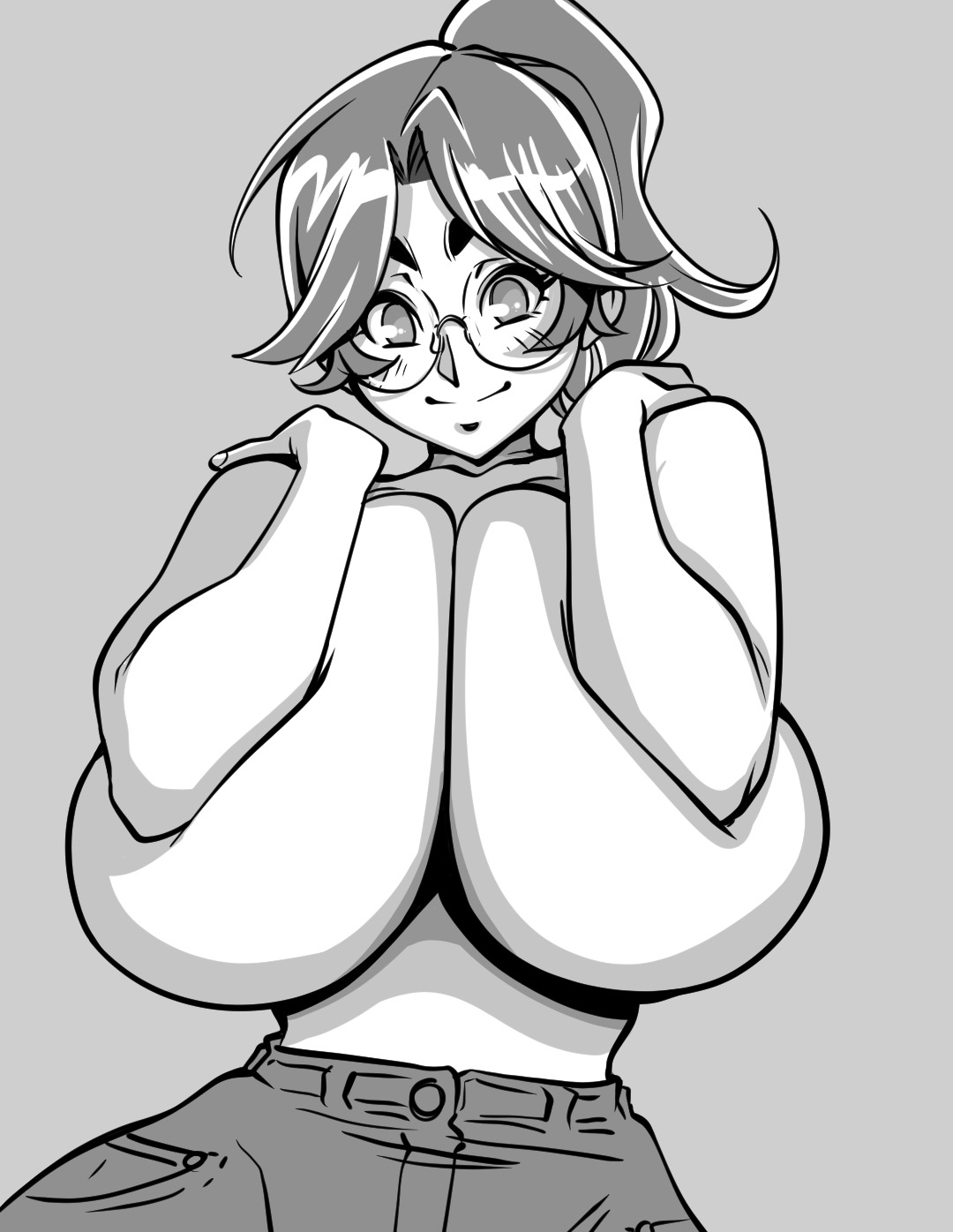 1girls, balak, breasts, covered nipples, female, glasses, huge breasts, jeans, maxine (balak), monochrome