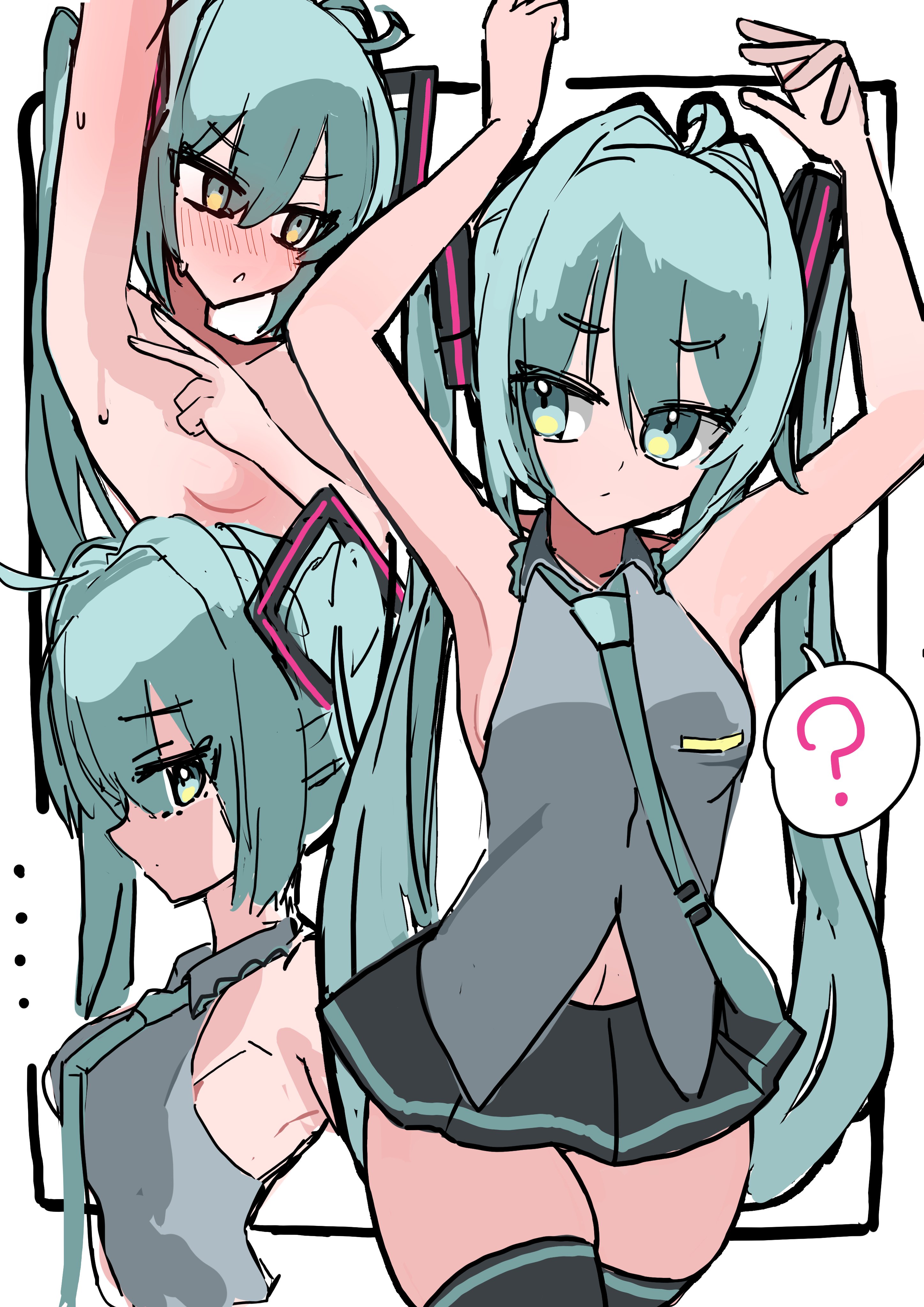 ?, 1girl, ahoge, aqua eyes, aqua hair, aqua necktie, armpits, arms up, black skirt, blue eyes, blue hair, blush, breasts, embarrassed, female, fully clothed, fully naked, fully nude, grey shirt, hair ornament, hand on breast, hatsune miku, long hair, looking at viewer, looking away, miniskirt, multiple views, naked, navel, necktie, open mouth, pleated skirt, shirt, side view, skindentation, skirt, sleeveless, sleeveless shirt, small breasts, spoken question mark, sweat, sweating, thick thighs, thighhighs, tie, twintails, very long hair, vocaloid, yatsuwo emiya, zettai ryouiki