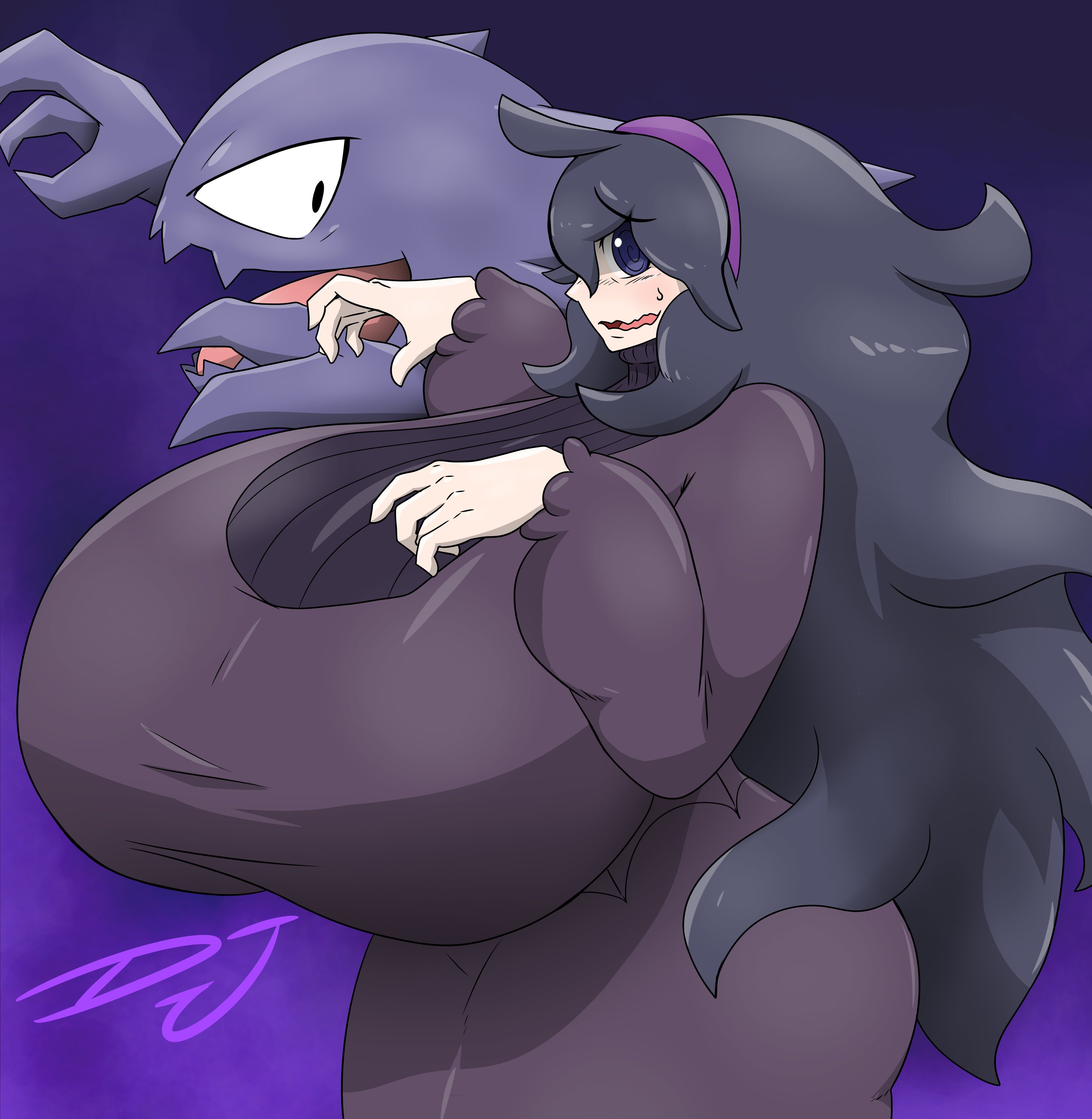 big breasts, blush, breasts, breasts bigger than head, creatures (company), djthepokemen, female, game freak, hair, hex maniac, huge breasts, hyper, hyper breasts, mouth, nintendo, open mouth, pokemon, purple hair, text, thick thighs, thighs, watermark, wide hips