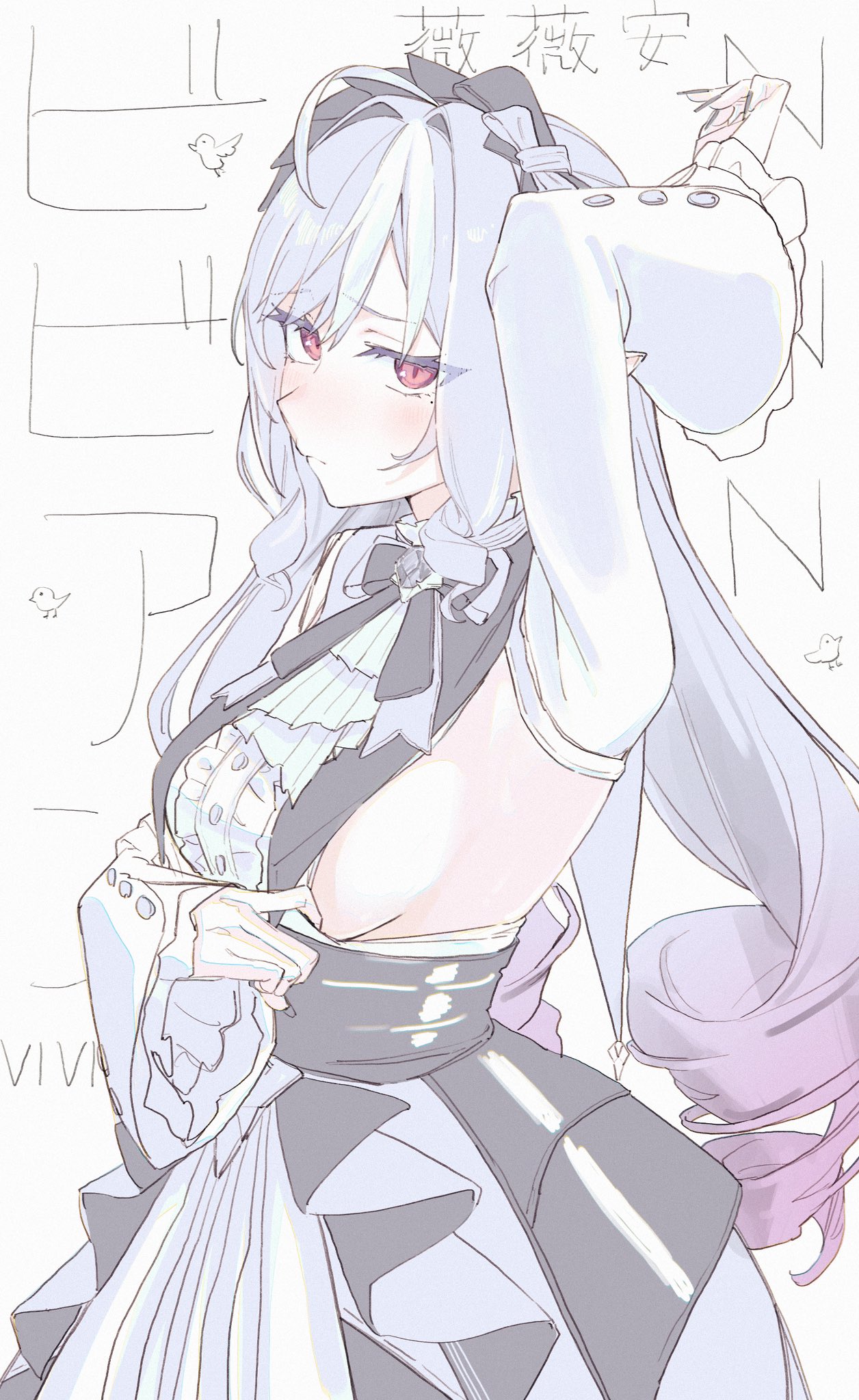 1girls, arm up, armpit, armpits, blush, breasts, brick wall, clothed, female, female only, fully clothed, hoyoverse, medium breasts, mihoyo, purple hair, red eyes, sideboob, small breasts, tagme, vivian banshee, zakki, zenless zone zero
