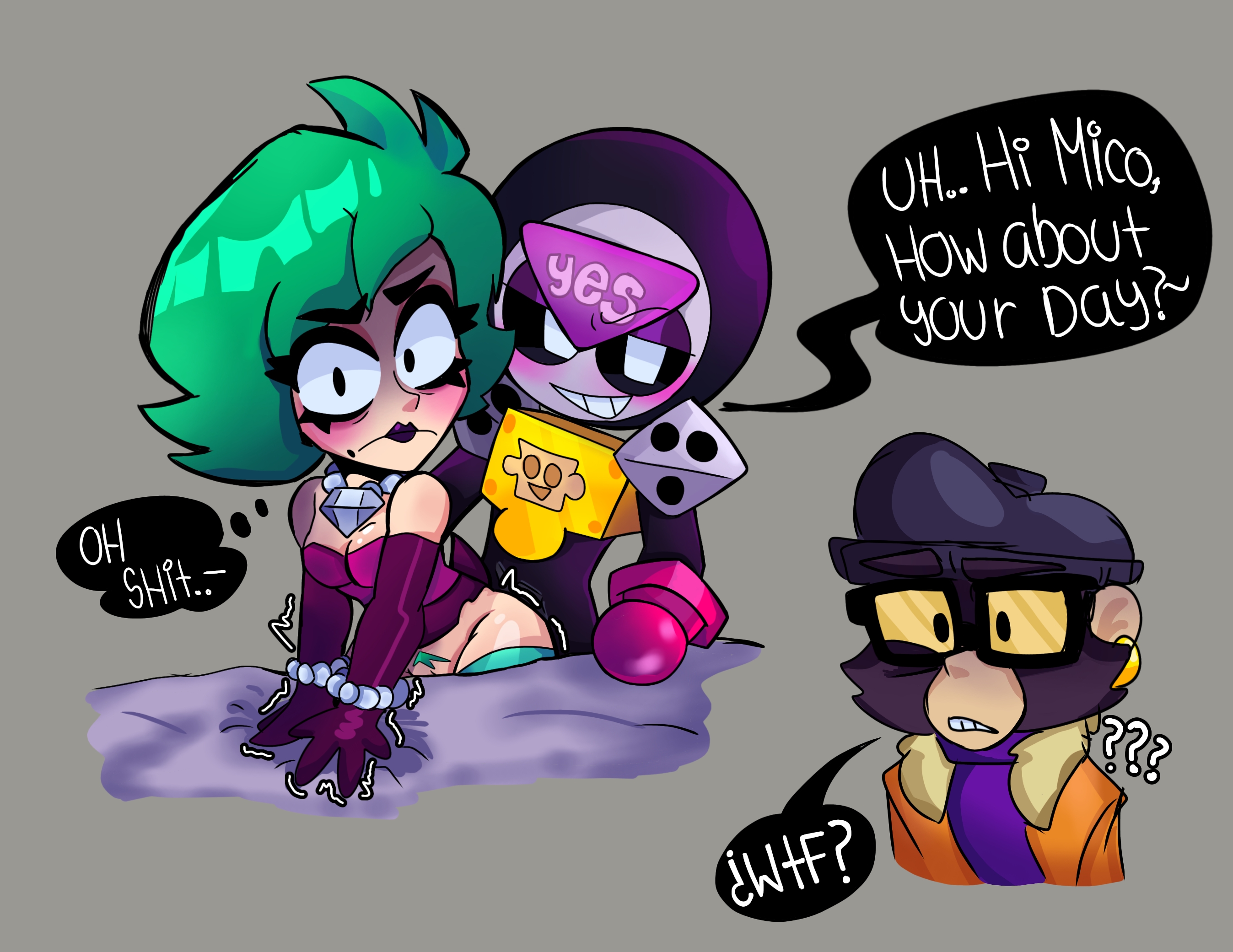 ???, blush, blushing, blushing female, blushing male, brawl stars, caught in the act, confused, confusion, dialogue, female, from behind, lola (brawl stars), male, meeple (brawl stars), mico (brawl stars), pussy, pussy hair, tagme, trembling
