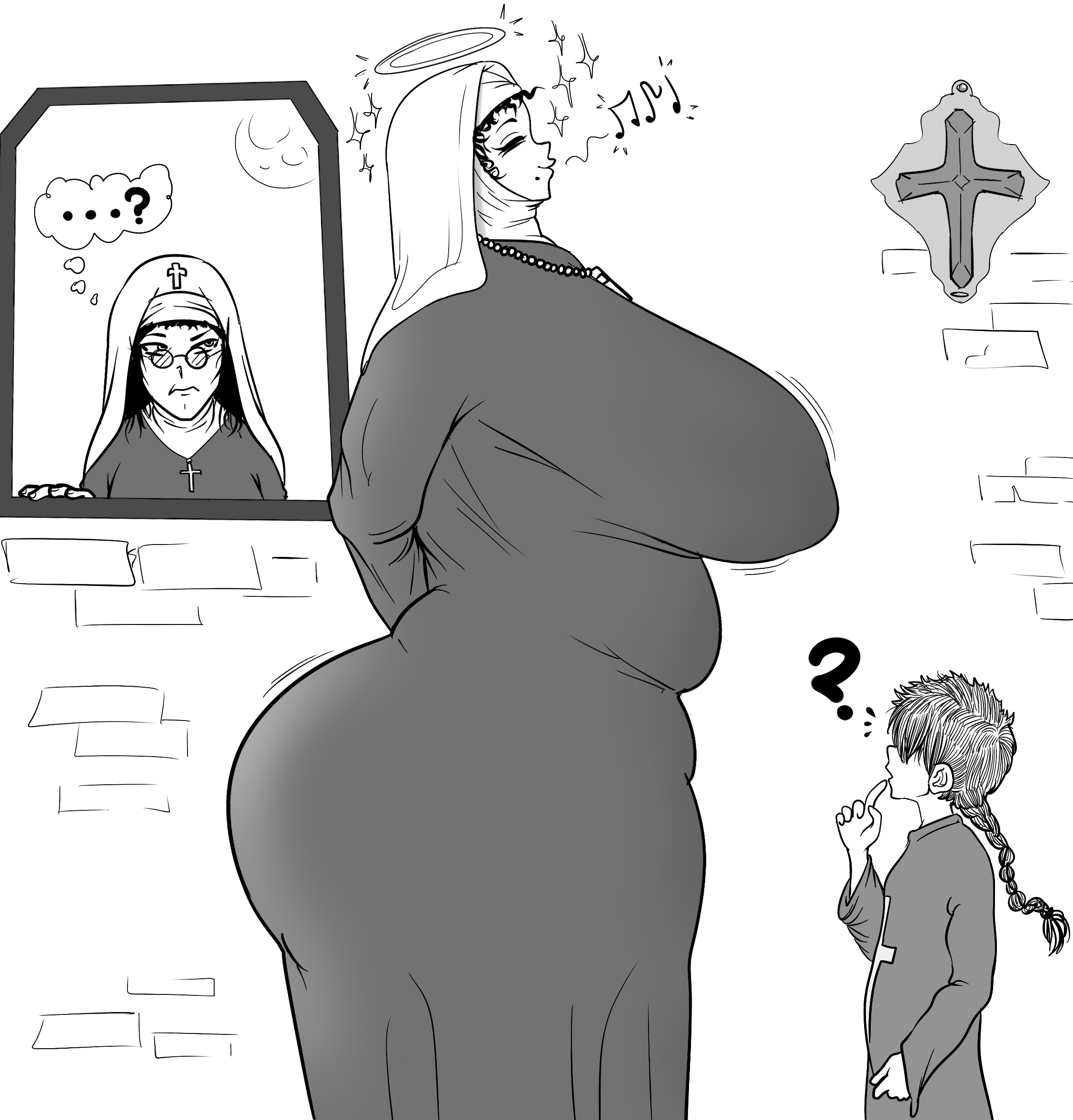 ?, 1boy, 2girls, ass, ass bigger than head, background character, being watched, big ass, big breasts, big butt, black and white, black hair, breasts, breasts bigger than head, bubble ass, bubble butt, chubby, chubby female, closed eyes, clothing, cross, cross necklace, curvaceous, curvy, curvy figure, duo focus, female, fully clothed, hair over eyes, hands behind back, huge ass, huge breasts, hunkhanks, larger female, male, mole, mole under mouth, monochrome, more at source, musical note, necklace, nun, sister cassandra (hunkhanks), size difference, smaller male, tagme, thick thighs, voluptuous, voluptuous female, whistling, white background, wide hips