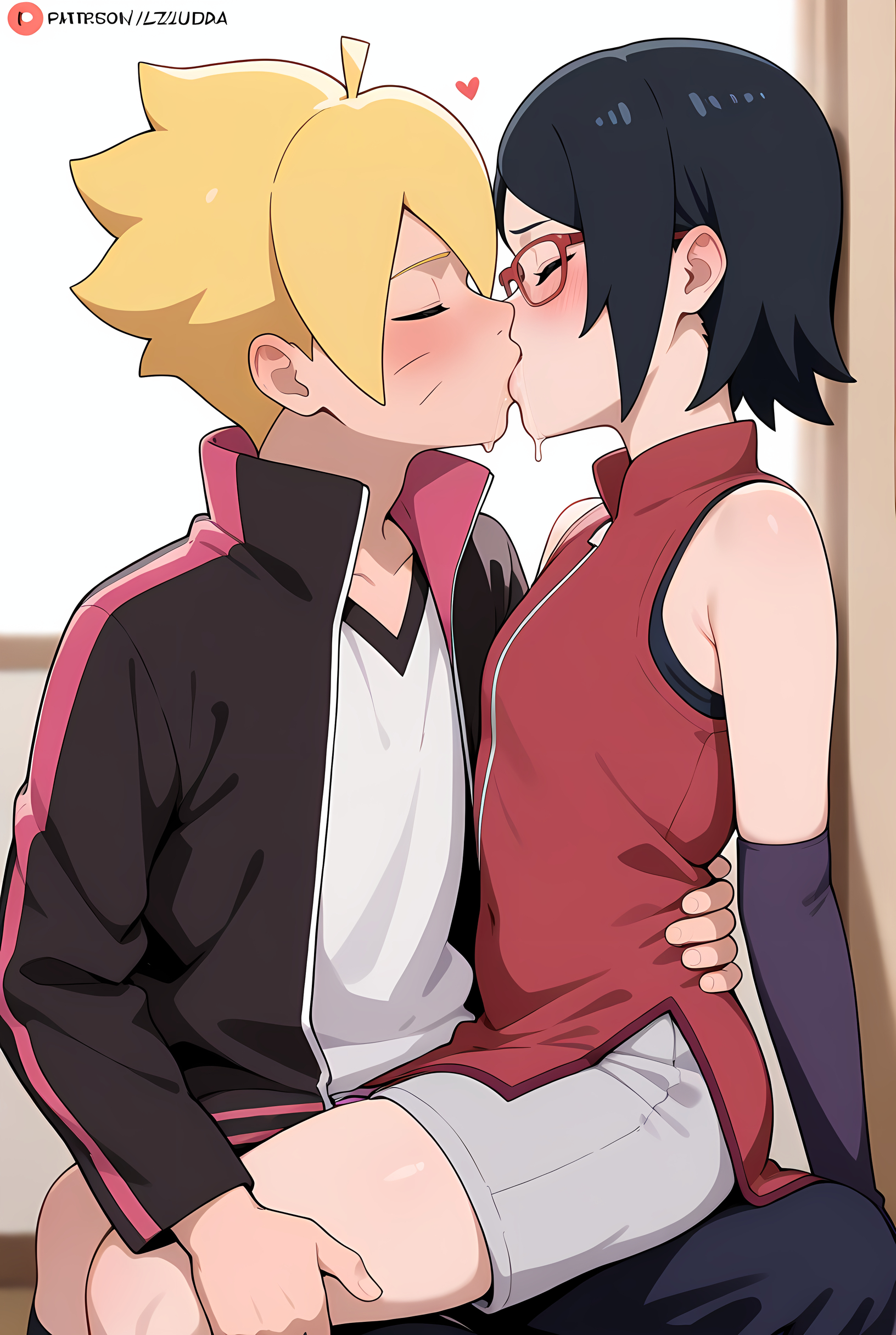 1boy, 1girls, ai generated, boruto: naruto next generations, clothed, clothed sex, female, kissing, male, male/female, naruto, naruto (series), sarada uchiha, straight, teenage female, teenager, teenager on teenager, uzumaki boruto, young
