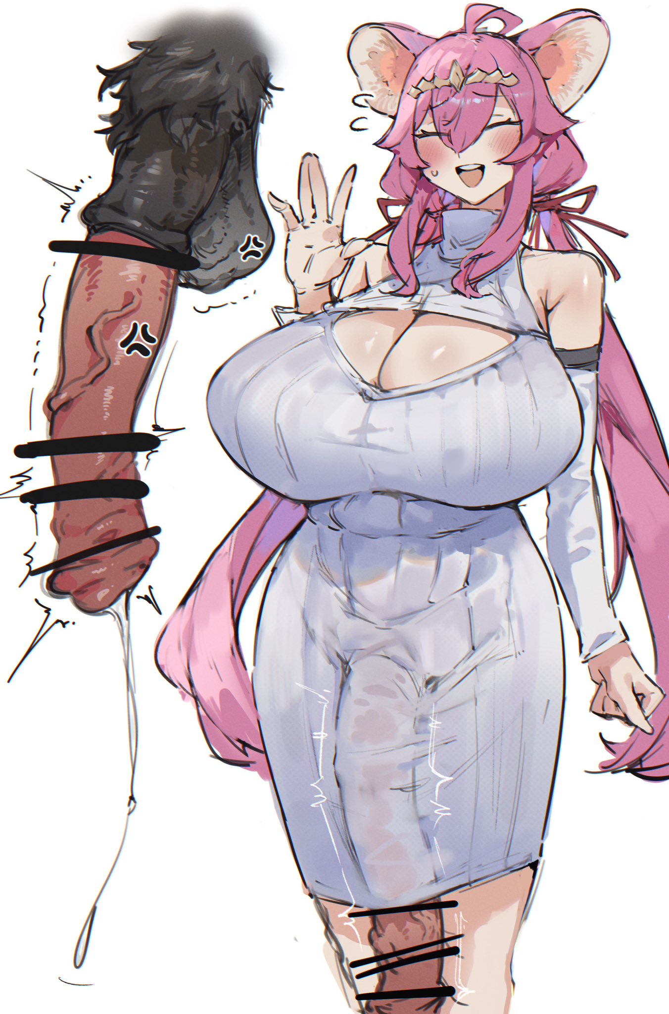 1futa, accidental exposure, animal ears, animal genitalia, animal genitalia on humanoid, big breasts, breasts, censored, closed eyes smile, cum, dress, futanari, hasppa, horsecock, horsecock futa, horsecock on humanoid, huge breasts, huge cock, intersex, oc, penis