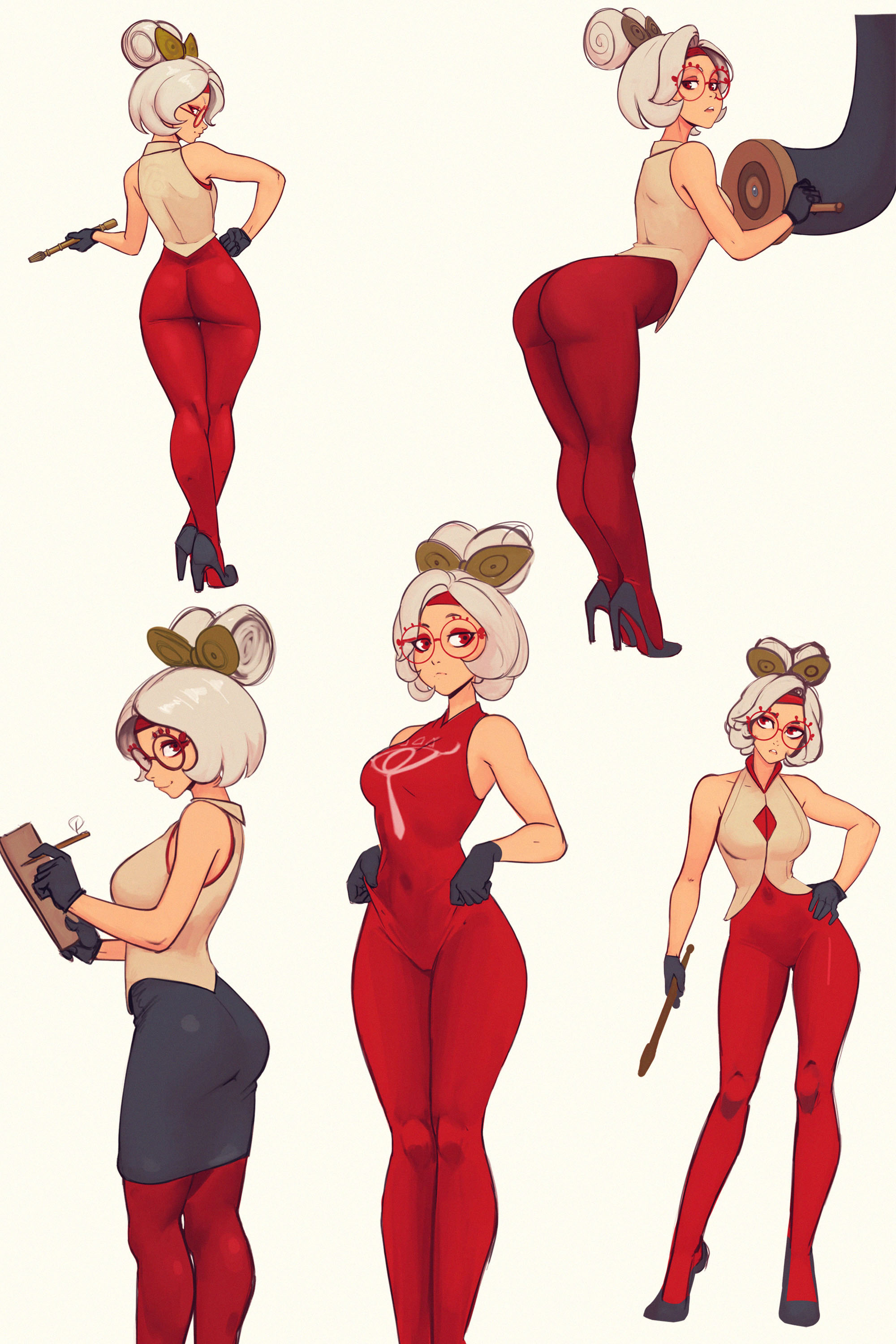 1girls, absurdres, adjusting clothes, alternate costume, ass, bodysuit, breasts, closed mouth, commentary, covered navel, english commentary, eyeshadow, female, female only, flute, full body, glasses, gloves, hair ornament, hair stick, high heels, highres, holding, holding instrument, instrument, leaning forward, looking at viewer, makeup, medium breasts, multiple views, nintendo, no jacket, purah, purah (tears of the kingdom), raichiyo33, red bodysuit, red eyes, red-framed eyewear, round eyewear, sheikah, standing, tears of the kingdom, the legend of zelda, white hair