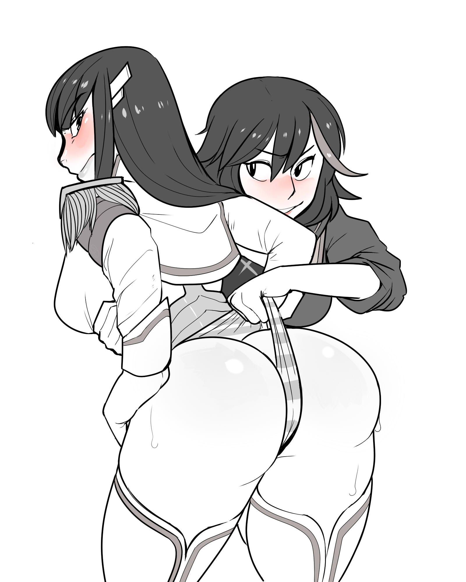 2girls, ass, ass focus, blush, breasts, commission, epaulettes, female, grin, hair ornament, hairclip, highres, incest, junketsu, kill la kill, kiryuuin satsuki, krekk0v, long hair, matoi ryuuko, medium breasts, monochrome, multiple females, multiple girls, naughty face, panties, panty pull, senketsu, short hair, siblings, simple background, sisters, smile, spot color, striped clothes, striped panties, thighhighs, underwear, wedgie, white background, yuri