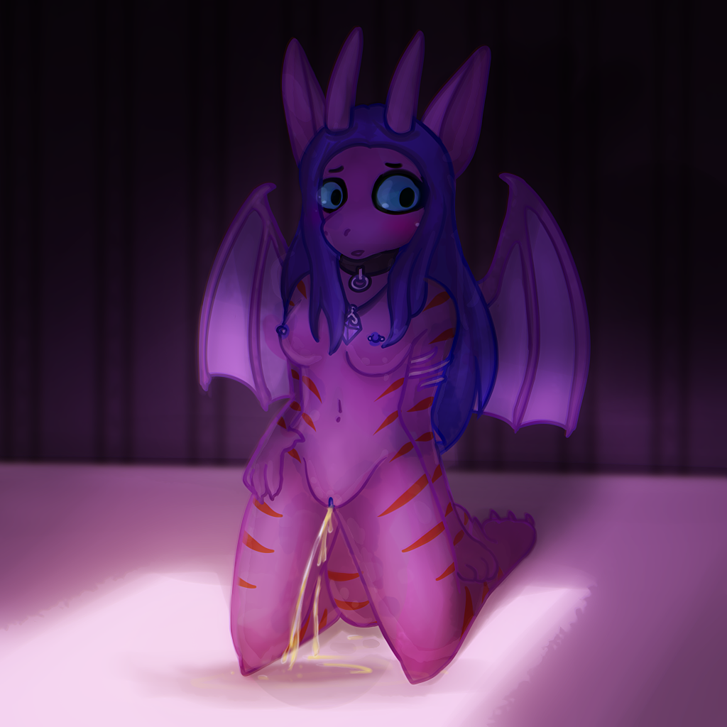 anthro being_watched blue_eyes blush blushy_(artist) bodily_fluids collar digital_drawing_(artwork) digital_media_(artwork) door dragon embarrassed female genital_fluids genitals horn inside light light_beam looking_at_another looking_away messy mythological_creature mythological_scalie mythology nipple_piercing nipples nude on_ground open_door peeing peeing_female peeing_on_ground piercing puddle scalie solo urine urine_on_ground watersports wet wings