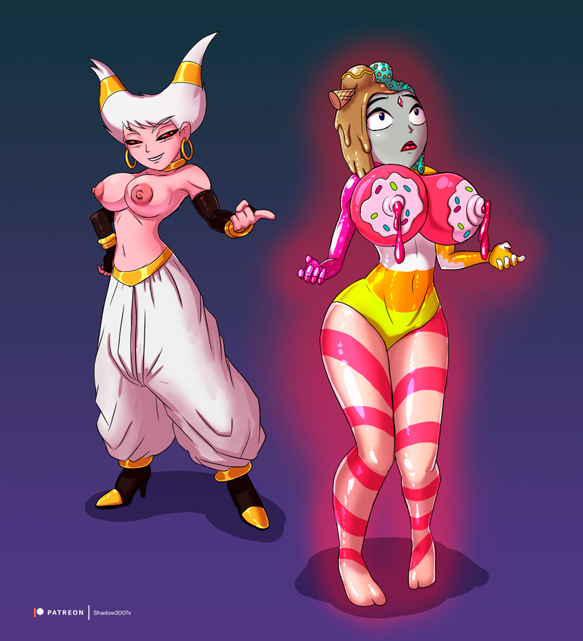 2girls, alien, alternate breast size, breasts, candy, commission, dc, dc comics, digital media (artwork), dragon ball, dragon ball z, expansion, female, female majin, female only, grey skin, human, humanoid, jinx (dc), lactation, majin, multiple females, multiple girls, patreon, photoshop, pink hair, purple hair, raven (dc), shadow2007x, teen titans, transformation, unusual lactation