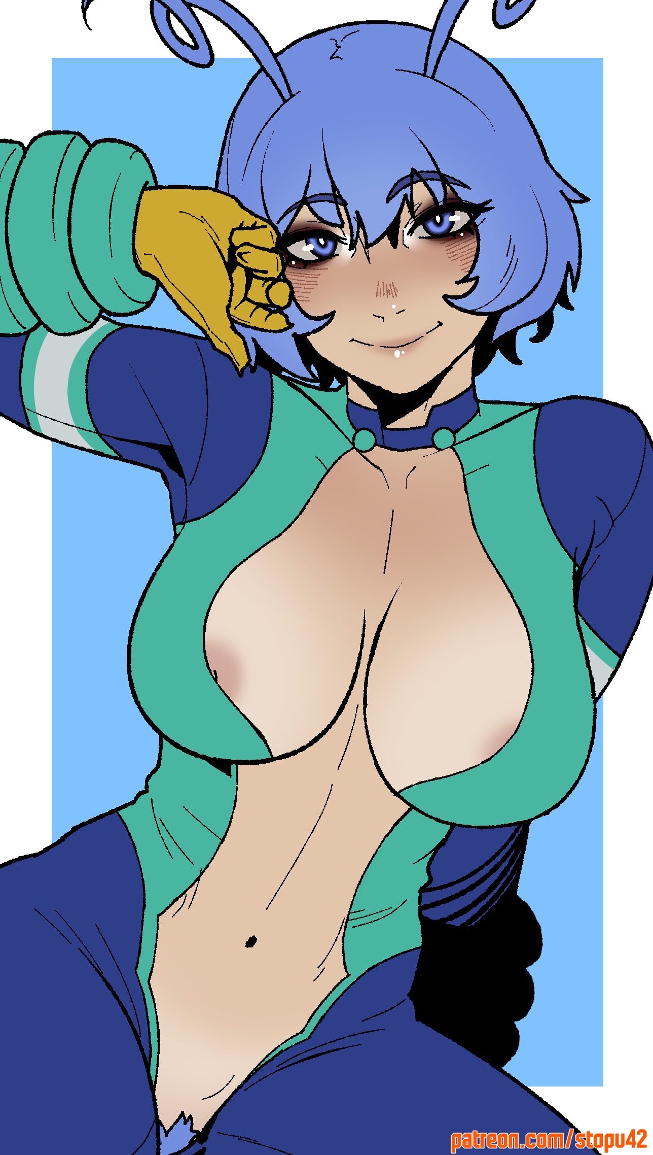1girls, big breasts, big nipples, blue eyes, blue hair, blue-haired female, boku no hero academia, breasts, female, female only, gloves, huge breasts, huge nipples, looking at viewer, my hero academia, nejire hado, nipples, pubic hair, pubic hair peek, pussy, pussy hair, short hair, stopu