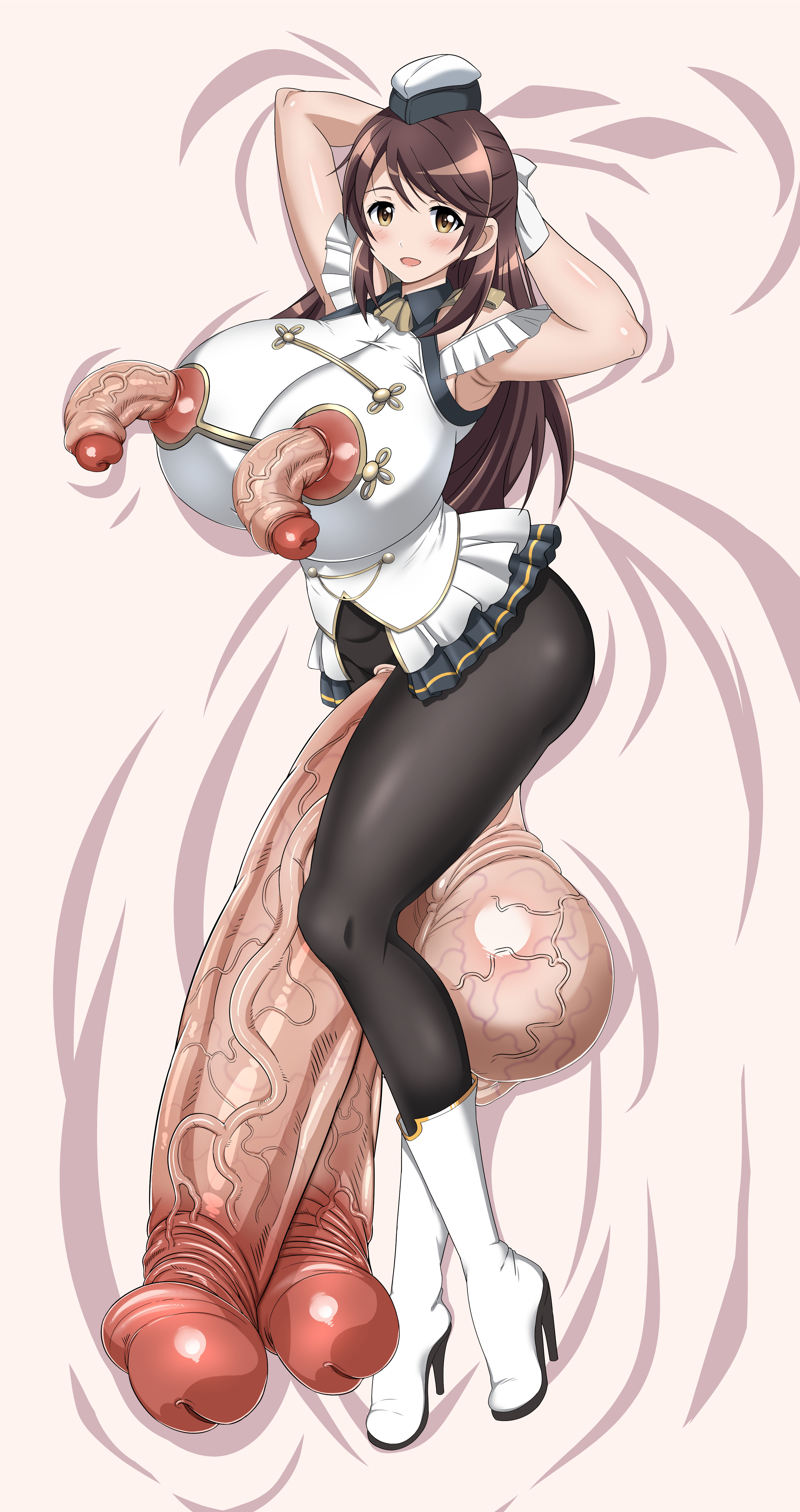 absurd res, absurdly large cock, balls, brave witches, breasts, breasts out, brown hair, clothed, dakimakura, diphallia, diphallism, futanari, heel boots, hi res, high heel boots, huge balls, hyper, hyper balls, hyper penis, intersex, karibuchi takami, large breasts, long hair, looking at viewer, multi genitalia, multi penis, pantyhose, penis, penis nipples, penis out, strike witches, tavor (m tavor), tetraphallia, uncensored, unusual anatomy, unusual anatomy placement, unusual genitalia placement, unusual penis placement, veiny penis, what, world witches series