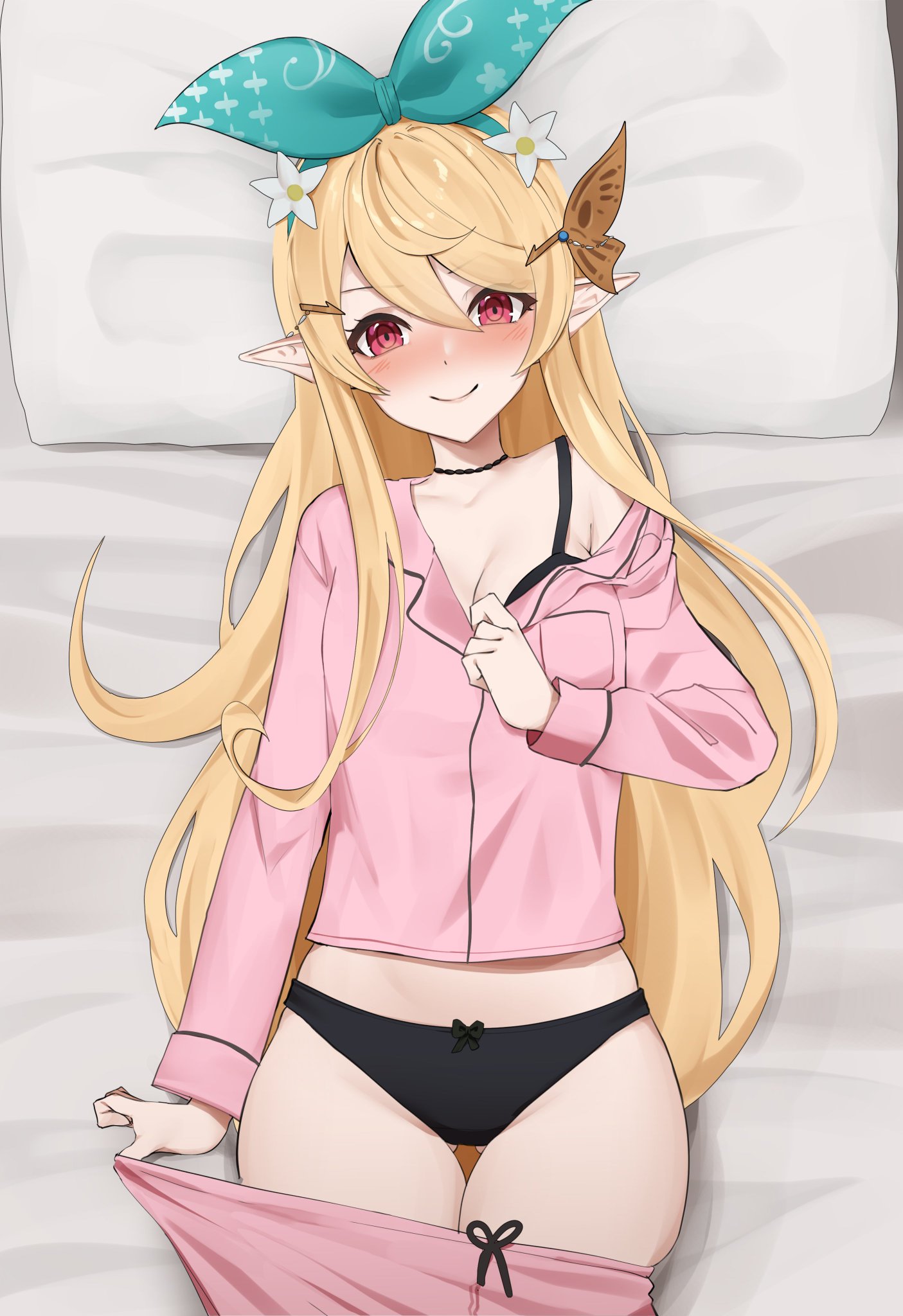 1girls, artselmetti (lewdselmetti), bed, black bra, black panties, black underwear, blonde hair, blush, bra, cleavage, clothing, female, flowers, flowers in hair, hairbow, hairclip, headband, hi res, highres, laying down, laying on back, laying on bed, legs together, long hair, looking at viewer, matching underwear, nijisanji, nijisanji en, panties, pillow, pink clothing, pointy ears, pomu rainpuff, red eyes, smile, solo, solo female, solo focus, taking clothes off, undressing, virtual youtuber, yellow hair