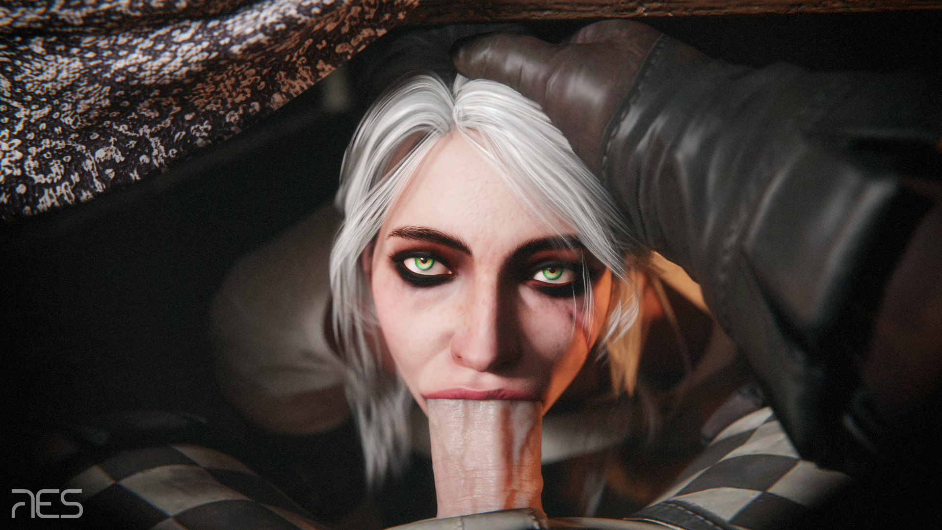 3d, big penis, blowjob, brown gloves, cahir mawr dyffryn aep ceallach, ciri, deepthroat, fellatio, female, gloves, green eyes, head grab, leather gloves, light skin, light-skinned female, light-skinned male, looking at partner, looking at viewer, male, mascara, oral, oral sex, penis, penis on face, scar, sucking penis, the witcher (series), the witcher 3: wild hunt, under the table, white hair, witcherres