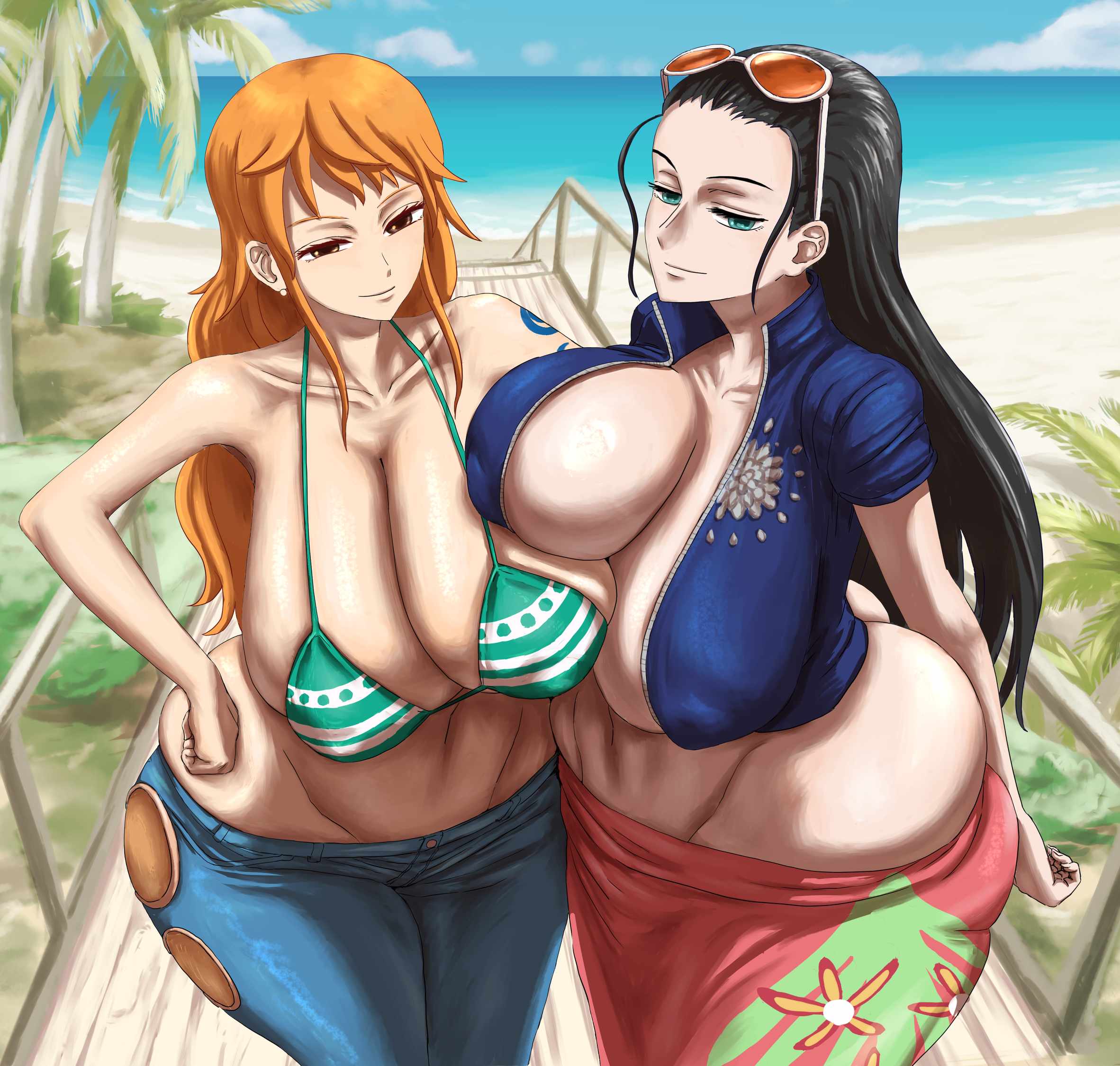 arm tattoo, ass, ass cleavage, ass crack, beach, big ass, big breasts, bikini, bikini top, black hair, black-haired female, blue tattoo, breast press, breasts, butt crack, clothing, female, female only, large breasts, matsumaruyama, nami (one piece), nico robin, one piece, orange hair, orange-haired female, post-timeskip, revealing clothes, tattoo, yuri