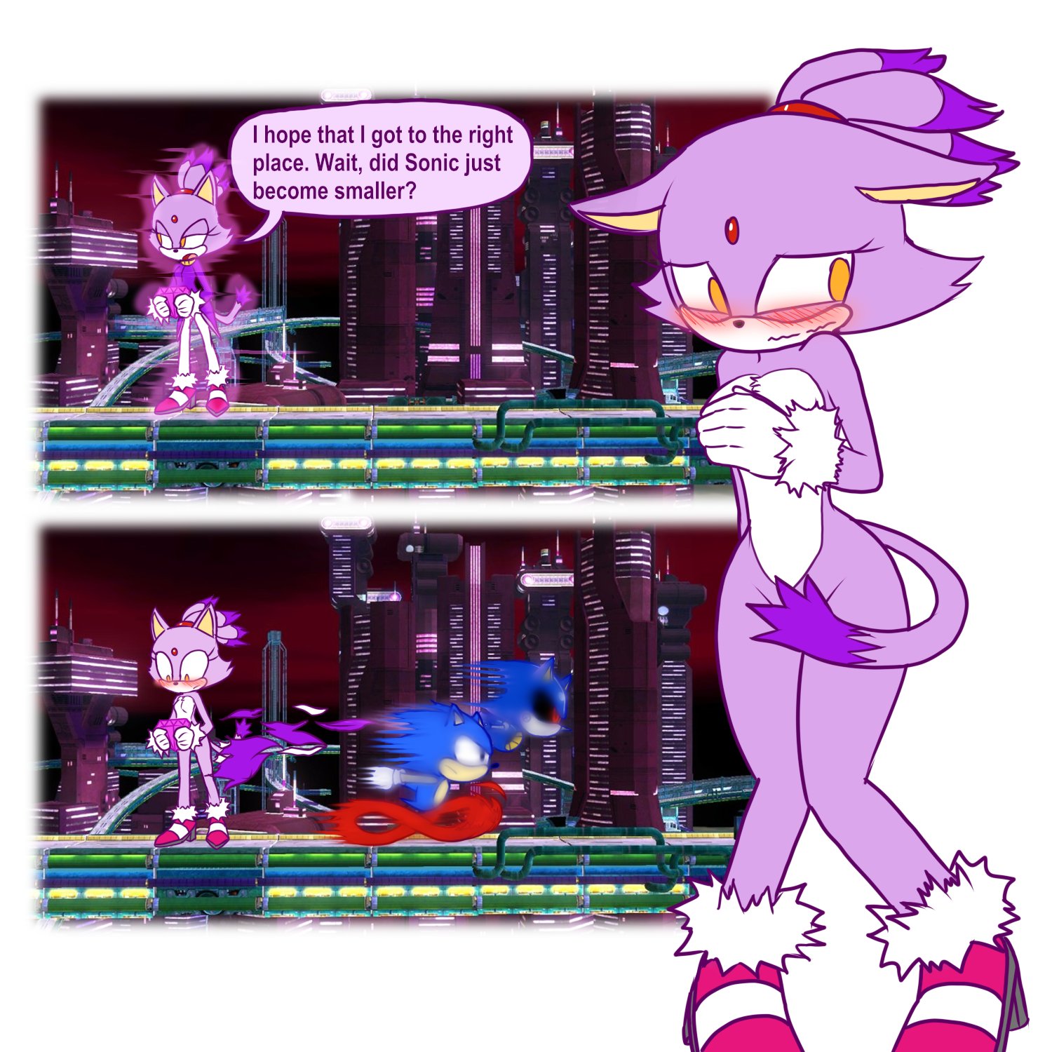 1girls, blaze the cat, breasts, classic sonic, covering, embarrassed, female, metal sonic, nairod103098, naked footwear, nude, sonic (series), sonic cd, sonic the hedgehog, tagme, torn clothes