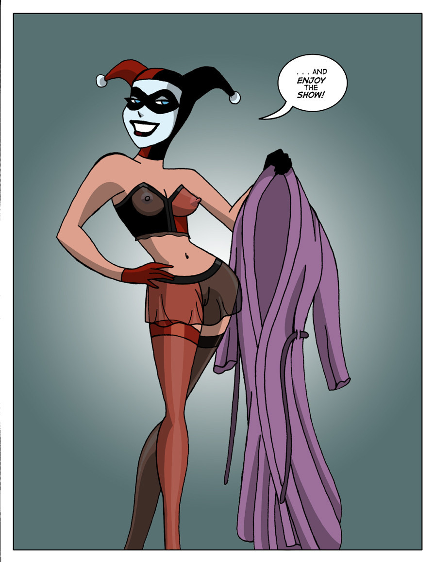 1girls batman:_the_animated_series batman_(series) breasts comic dc_comics dcau dialogue erect_nipples female female_only harley_quinn harley_quinn_(classic) lingerie pussy see-through_clothing sharpie_(artist) solo speech_bubble the_new_batman_adventures thighhighs