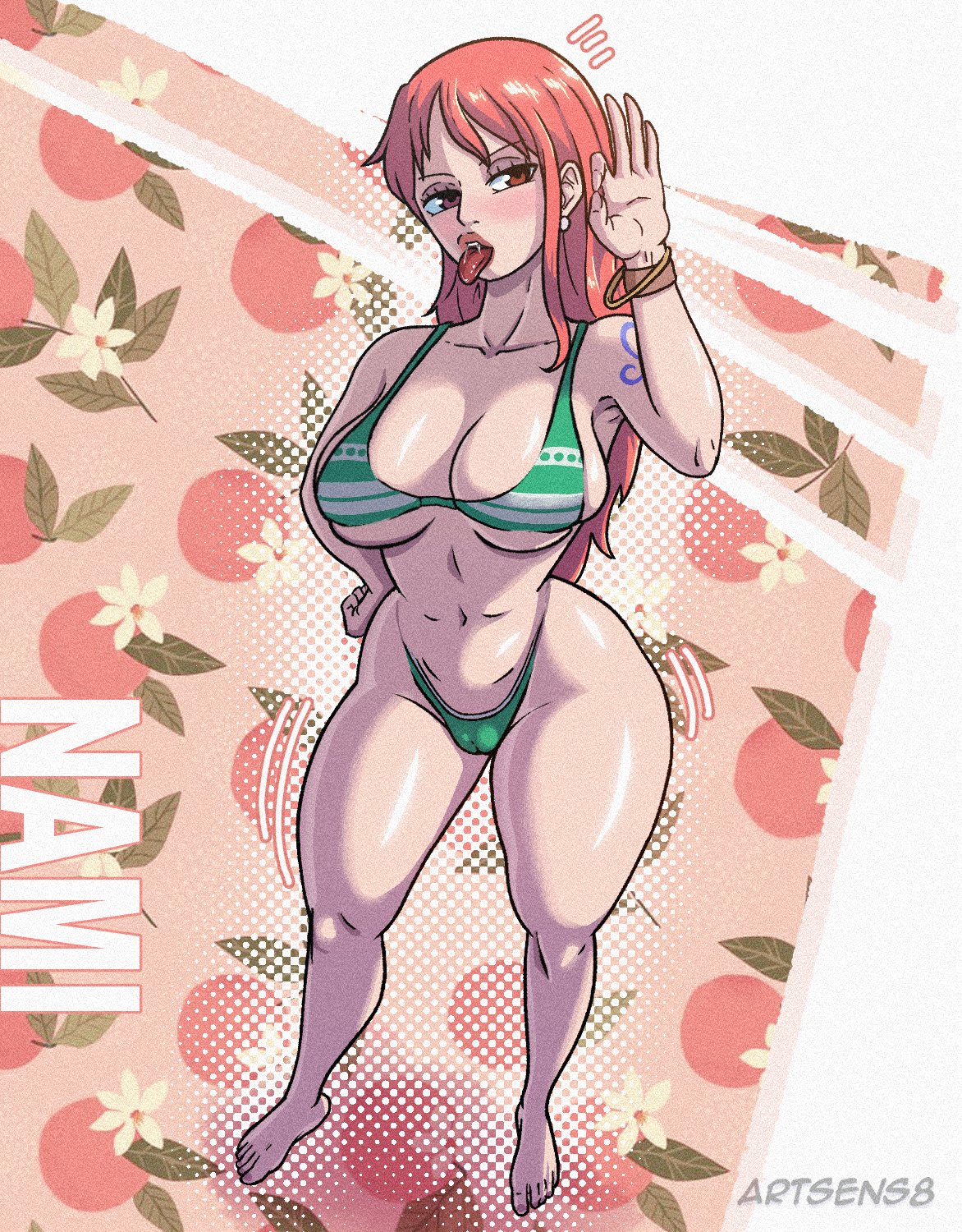 1girls, artsens8, bikini, breasts, clothing, female, female focus, female only, log pose, nami (one piece), one piece, orange hair, orange-haired female, tagme, tongue, tongue out