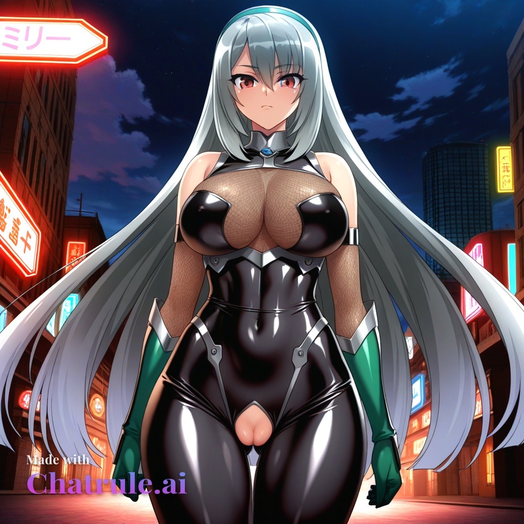 1girl ai_assisted ai_generated armor bare_shoulders black_bodysuit city cityscape clouds cowboy_shot crotchless curvy dark_theme detailed_pussy dynamic_lighting elbow_gloves fishnets futoku_no_guild gloves green_hairband grey_hair hair_between_eyes high_contrast kagami_hirotaka koukawa_oboro looking_at_viewer neon_lights night night_sky outdoors red_eyes soft_shading taimanin_asagi_zero taimanin_suit thigh_gap very_long_hair visible_pussy
