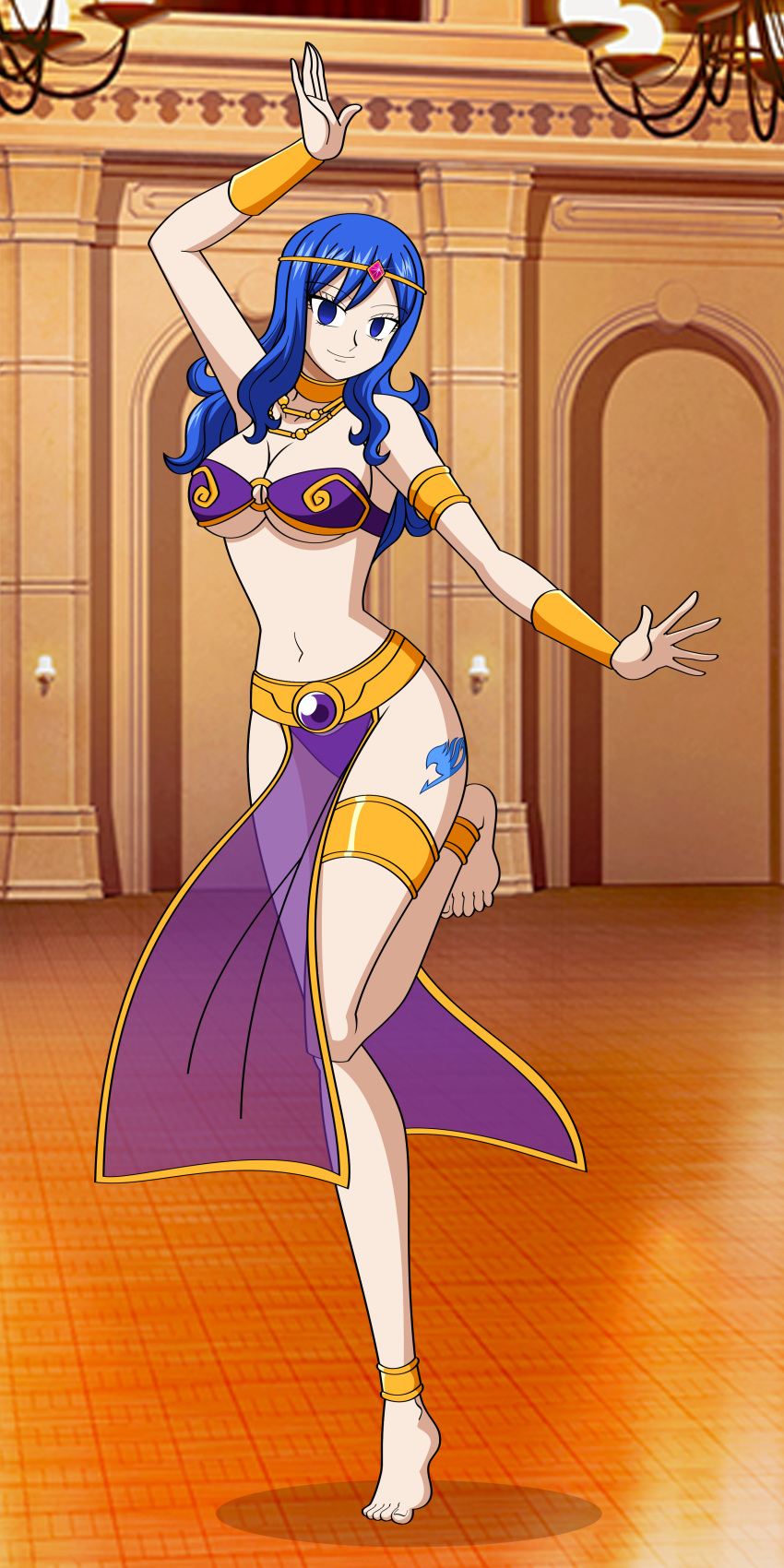 1girls, arabian clothes, blue hair, blue tattoo, blue-haired female, dancer, empty eyes, fairy tail, fairy tail mark, female, female only, harem outfit, jimryu, juvia lockser, leg tattoo, solo, tagme, tattoo, transparent clothing