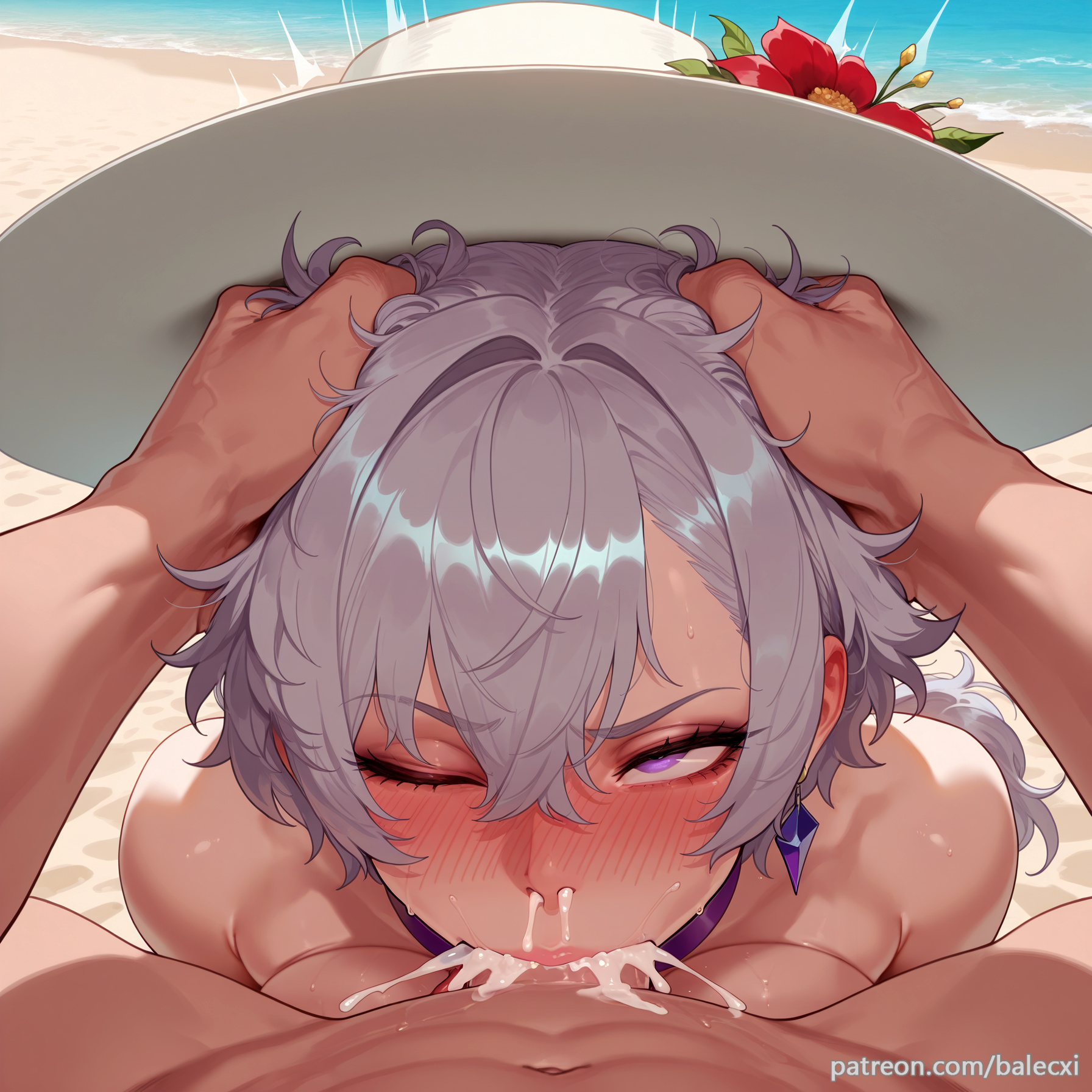1boy, ai generated, azur lane, balecxi, beach, blush, breasts, cum in mouth, cum in nose, cum overflow, deepthroat, earrings, fellatio, female, grey hair, hair between eyes, irrumatio, jewelry, long hair, looking at viewer, male, one eye closed, oral, outdoors, patreon username, penis, pov, purple eyes, reno (azur lane), straight, sun hat