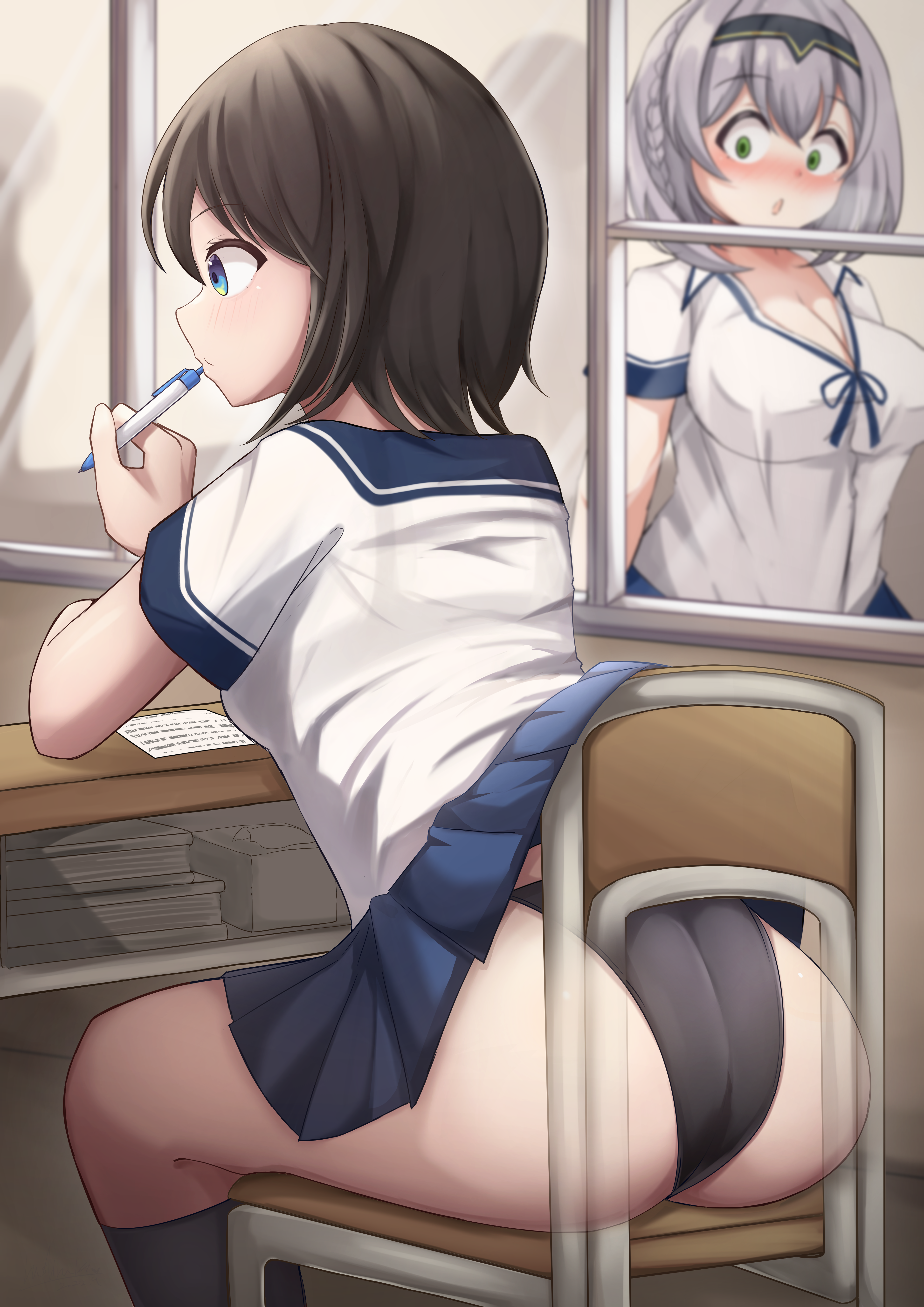 2girls, ass, big ass, big butt, black panties, blush, breasts, brown hair, chair embarrassment, female, female only, fully clothed, hashira 14, hololive, hololive fantasy, hololive gen 2, hololive japan, large breasts, medium breasts, oozora subaru, panties, school uniform, schoolgirl, shirogane noel, short hair, sitting, sitting on chair, skirt, skirt lift, surprised, underwear, virtual youtuber