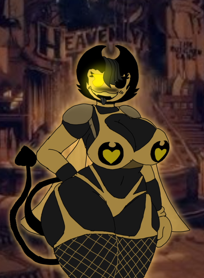ass, bendy, bendy and the dark revival, bendy and the ink machine, bendy fem, bendy the dancing demon, bethy, bethy (hornykat89), breasts, cape, choker, female, fishnet legwear, hand on hip, heavenly toys, hornykat89, kinky, large ass, large breasts, married female, nipple emblems, oc, rule 63, shoulder pads, tongue, tongue out, wife