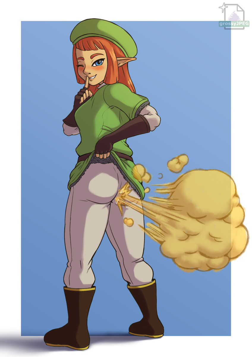 1girls ass ass_focus blue_eyes fart farting female green_hat green_tunic grey_pants grossyjpeg karane light-skinned_female light_skin orange_hair skyward_sword the_legend_of_zelda