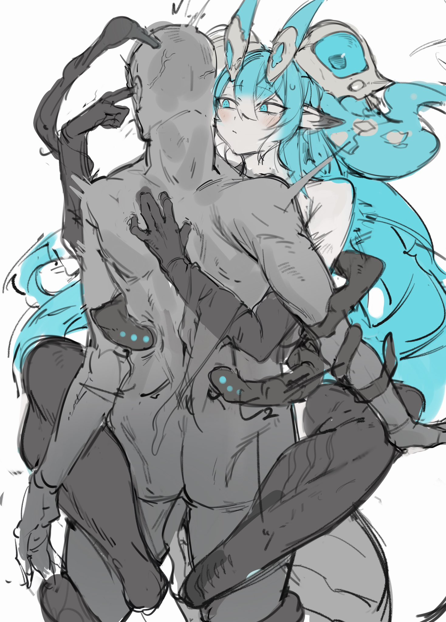 1boy, faceless male, female, hasppa, male, oc, reverse rape, sea monster, sketch, tentacle, tentacle grab, tentacle in ass, tentacle rape