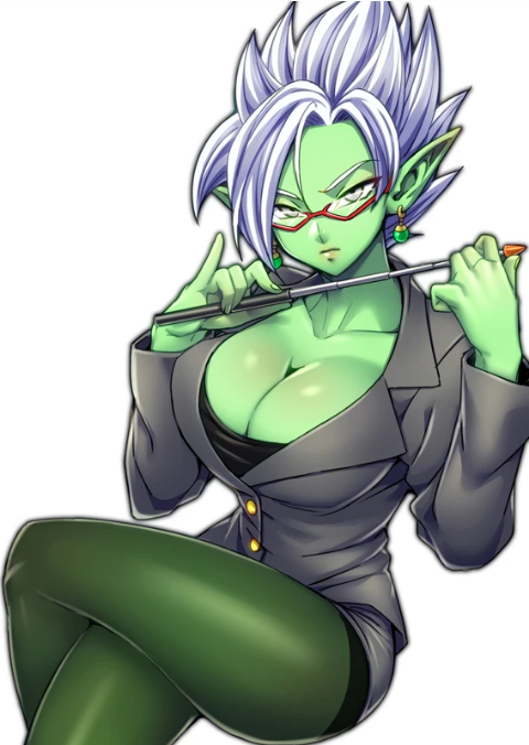 1girls breasts core_person deity dragon_ball dragon_ball_super female female_zamasu fused_zamasu glasses goddess green_skin humanoid pointy_ears potara_earrings potara_fusion rule_63 solo spiky_hair teacher teba_motoko white_hair zamasu