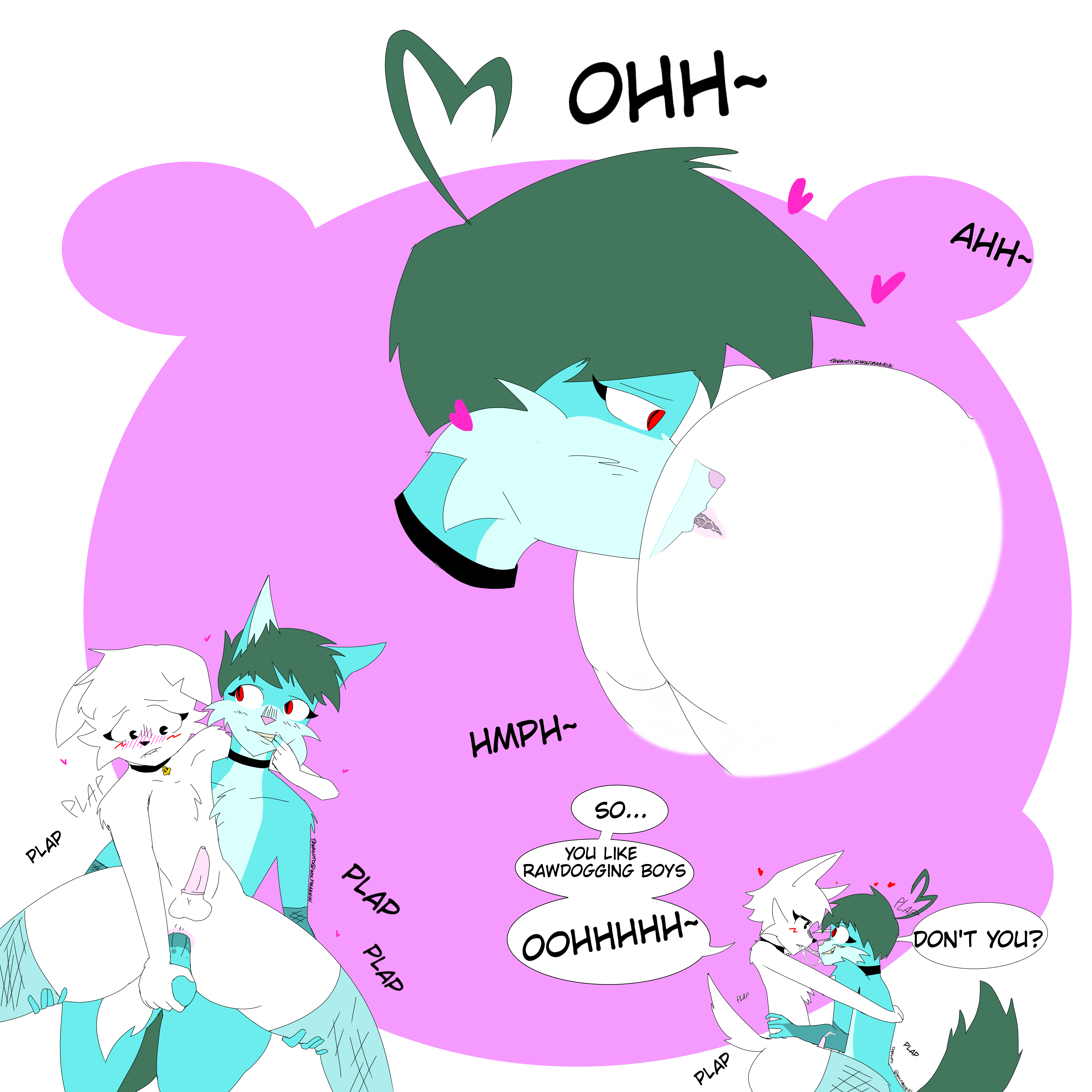 2boys, 2d, anal, anal penetration, anal sex, animal genitalia, animal penis, anthro, anthro male, balls, ballsack, black eyes, black nose, blue fur, boykisser, boykisser (meme), dominant male, femboy, femboy only, finger in mouth, fishnet armwear, fishnet legwear, fishnet stockings, fishnets, friends with benefits, furry, furry only, gay, gay sex, grabbing ass, grabbing penis, green hair, male, male only, male penetrated, male penetrating, male penetrating male, multiple boys, multiple males, new scout, nicolas wolfman, nikki (tawagoto), oral sex, pacman eyes, penetration, penis, pink anus, pink background, pink nose, pink penis, precum, red eyes, rimjob, rimming, rimming male, saliva, sex, silly cat (mauzymice), tawagoto (probros), white fur, white hair, x-ray, x-ray view