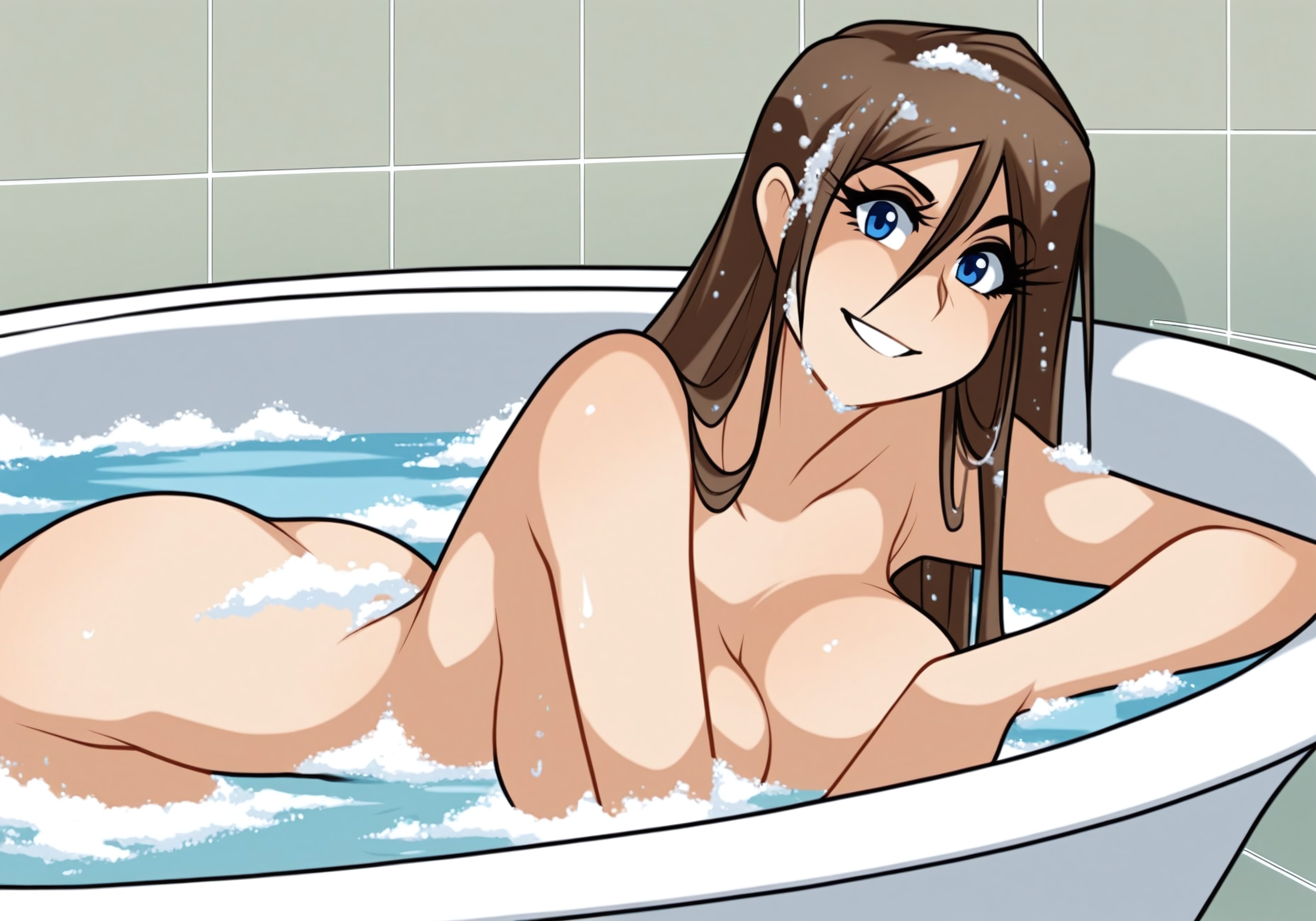 ai generated, ai jago dibuja, bath, bathing, bathtub, blue eyes, breasts, brown hair, erika (living with hipstergirl and gamergirl), female, large breasts, living with hipstergirl and gamergirl, wet hair, wet skin