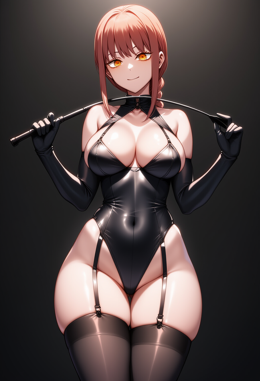 ai_generated belly_button belly_button_visible_through_clothing black_background black_choker black_clothing black_corset black_gloves braided_ponytail chainsaw_man choker cleavage corset elbow_gloves female female_focus female_only garter_straps large_breasts looking_at_viewer makima_(chainsaw_man) nai_diffusion narrow_waist red_hair riding_crop rubycks shiny_skin sideboob smile solo solo_female solo_focus thick_thighs wide_hips yellow_eyes