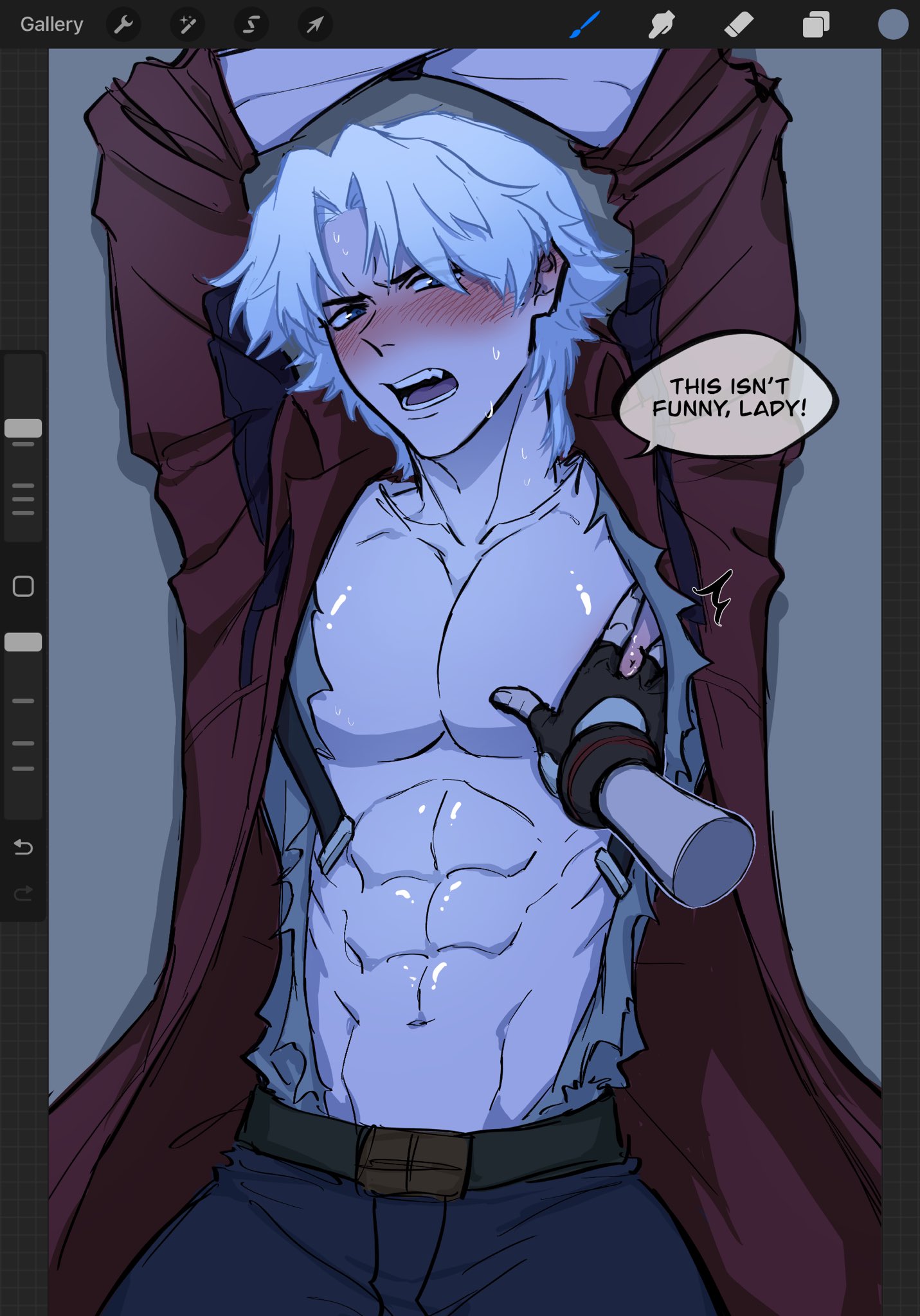 1boy, 1girls, abs, assertive female, blush, dante (devil may cry), dante (netflix), devil may cry (netflix), devil may cry (series), disembodied hand, female, female pov, femdom, lady (devil may cry:netflix), lady (devil may cry), male, male focus, muscular, muscular male, pectorals, pichuuuchan, pov, pov female, pov hands