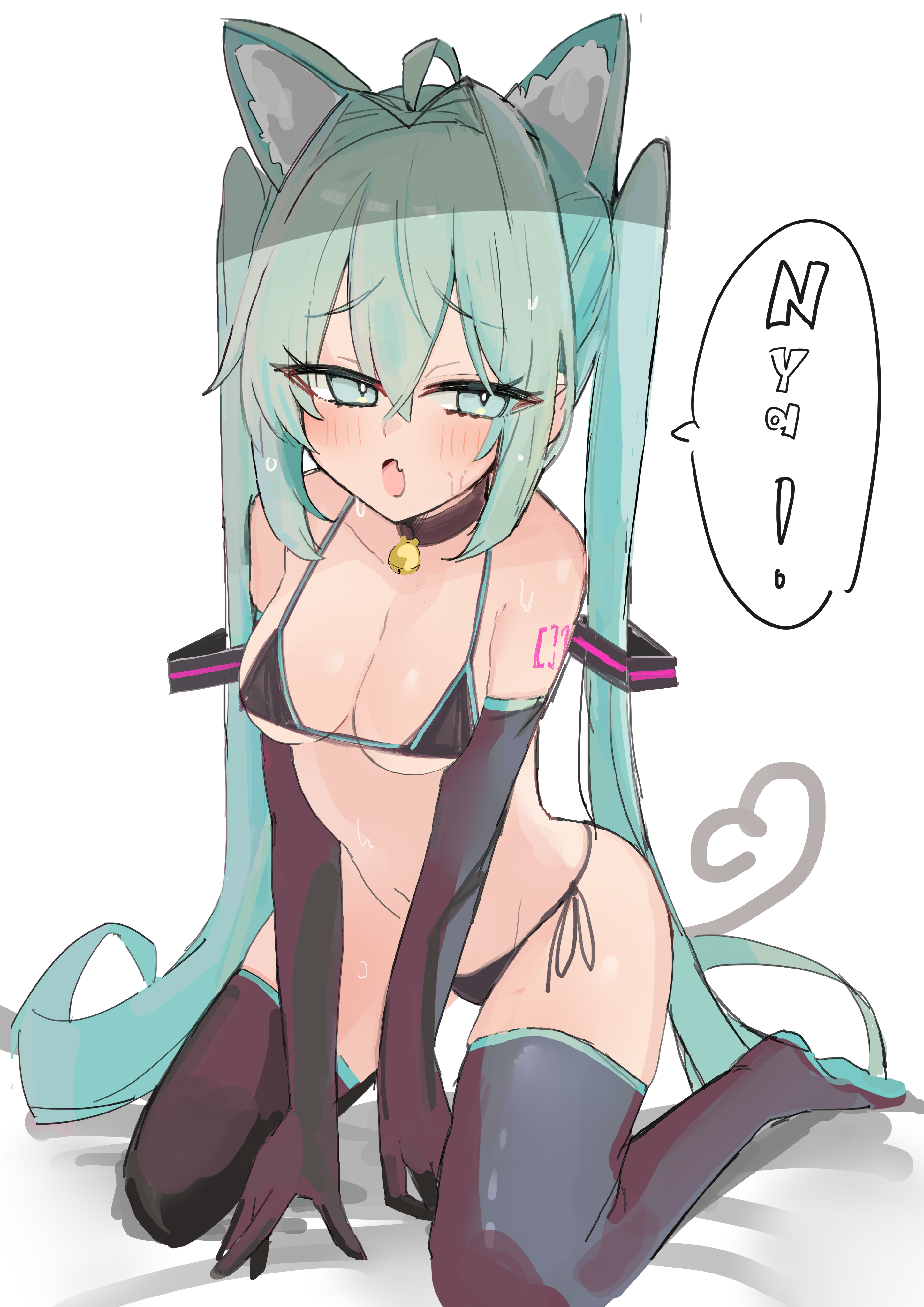 1girl, 1girls, ahoge, animal ears, aqua eyes, aqua hair, armwear, bangs, bell, bell collar, big breasts, bikini, black bikini, black gloves, black panties, black thighhighs, blue eyes, blue hair, blush, breasts, cat ears, cat girl, cat tail, catgirl, collar, elbow gloves, embarrassed, fang, female, gloves, hair accessory, hair between eyes, hatsune miku, heart, heart tail, jingle bell, leaning forward, long hair, long sleeves, looking at viewer, looking away, medium breasts, micro bikini, navel, neck bell, on knees, open mouth, panties, side-tie bikini bottom, simple background, skin fang, solo, speech bubble, string panties, sweat, swimsuit, tail, tattoo, thighhighs, thighs, twintails, very long hair, vocaloid, white background, yatsuwo emiya