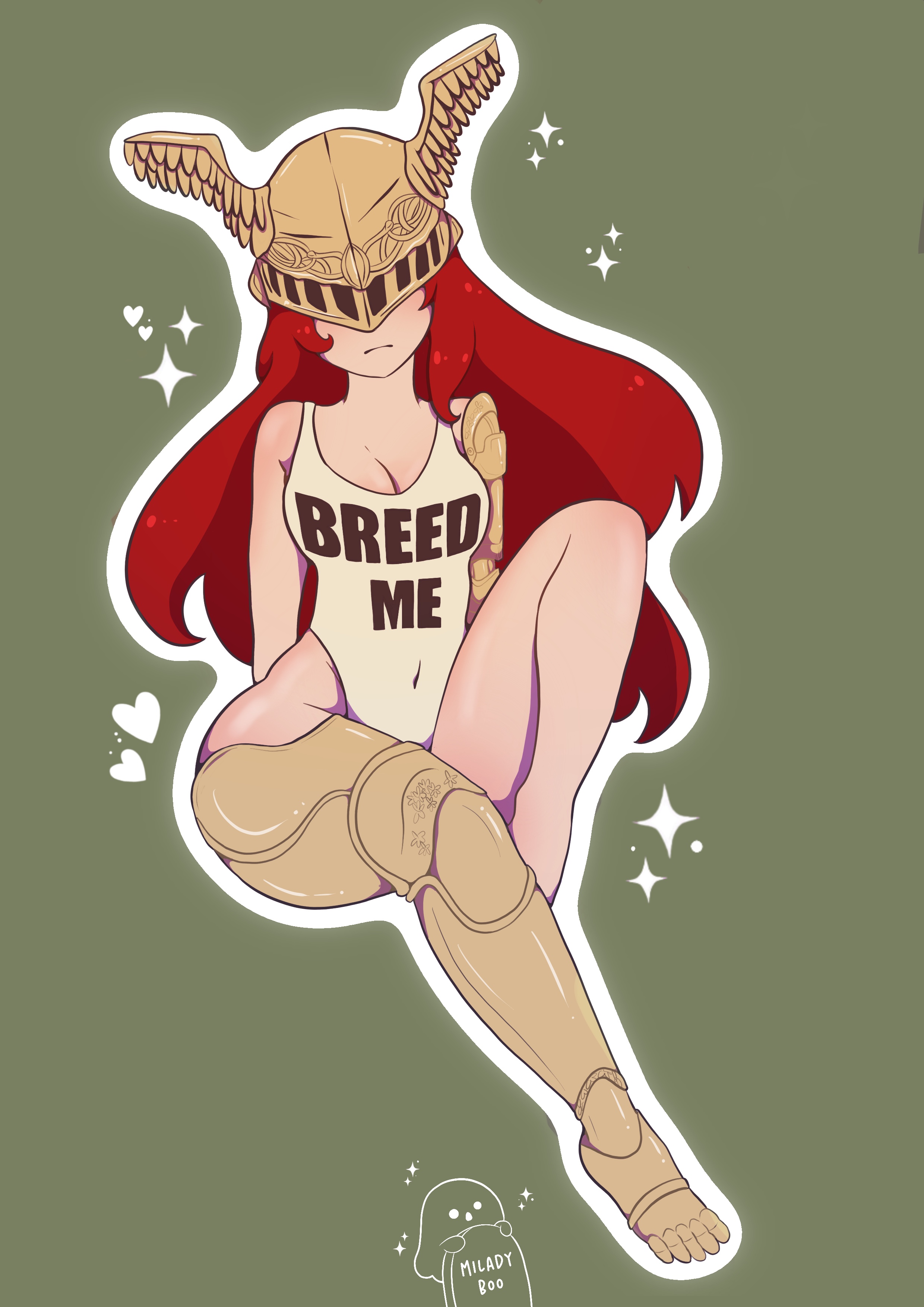 amputee, bandai namco, curvy figure, demigoddess, elden ring, feet, fromsoftware, helmet, leotard, malenia blade of miquella, mechanical arm, miladyboo, red hair, tagme, valkyrie, winged helmet